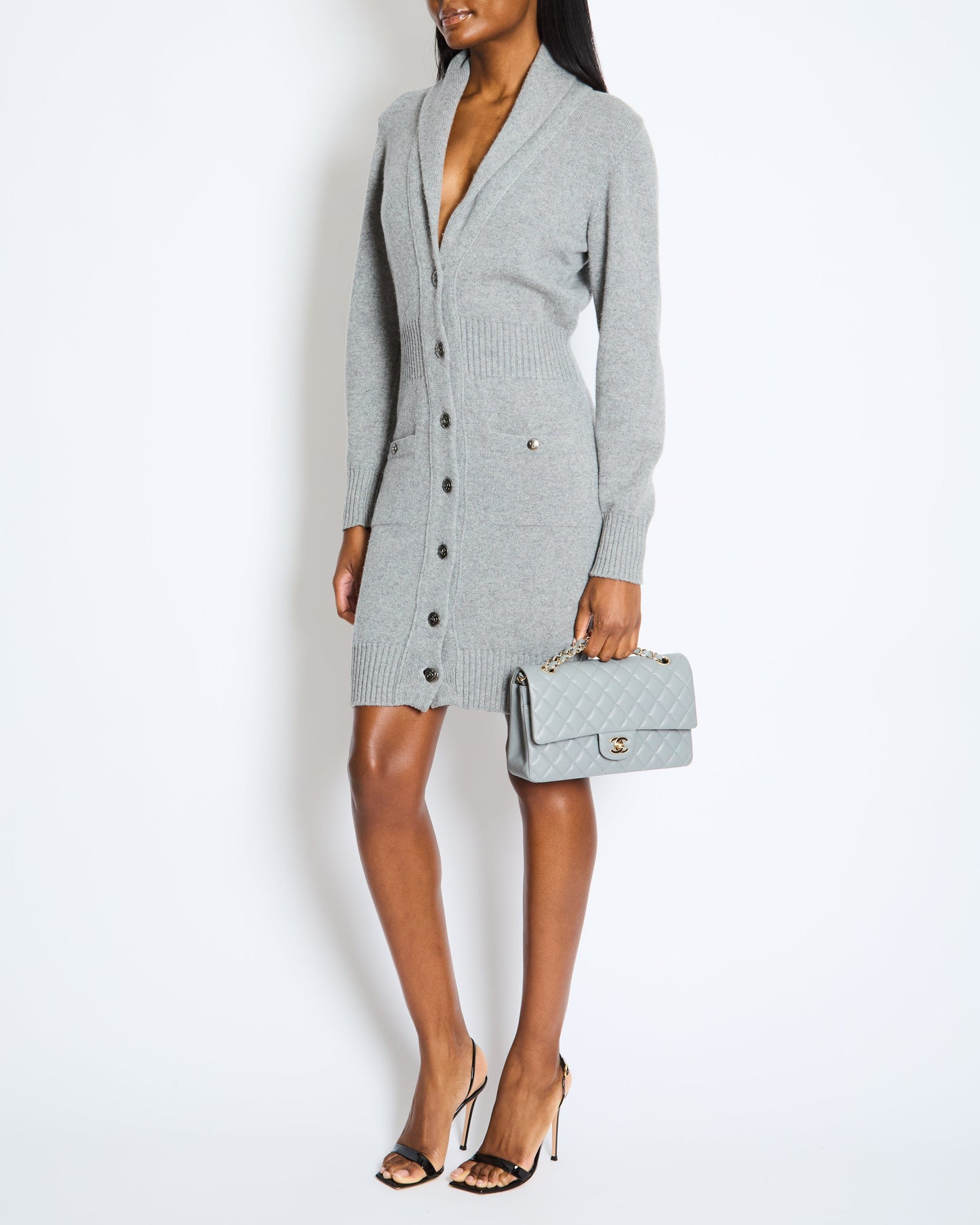Chanel Grey Cashmere Long Cardigan With Silver Cc Buttons Size Fr 36 (Uk 8) Bag
