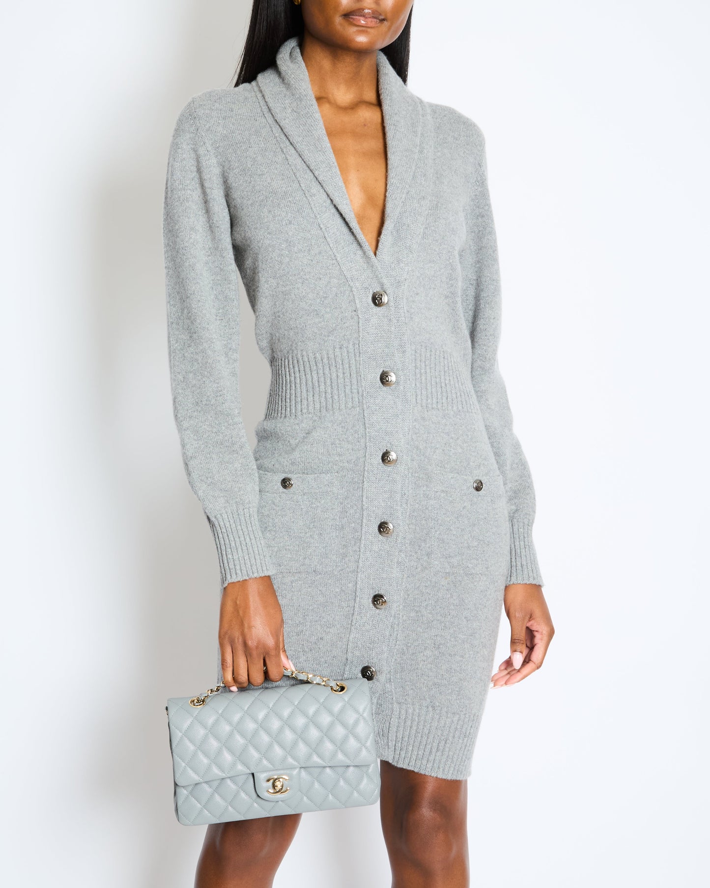 Chanel Grey Cashmere Long Cardigan With Silver Cc Buttons Size Fr 36 (Uk 8) Bag