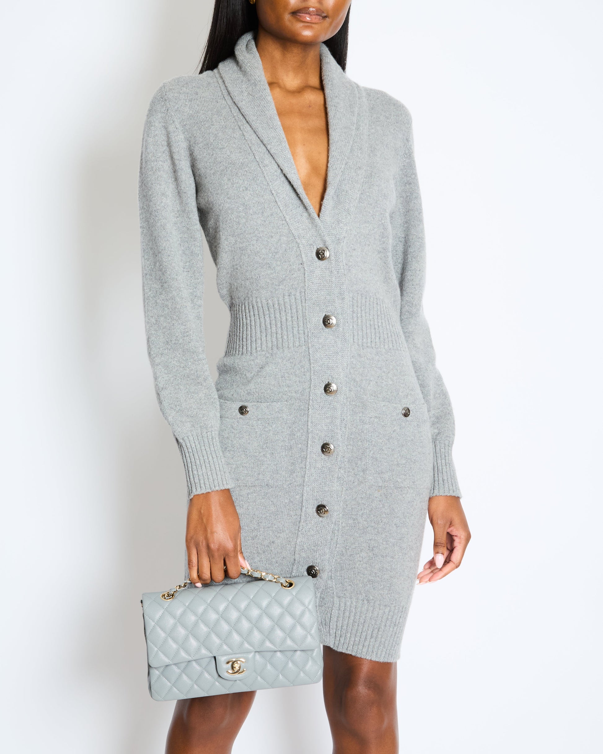 Chanel Grey Cashmere Long Cardigan With Silver Cc Buttons Size Fr 36 (Uk 8) Bag