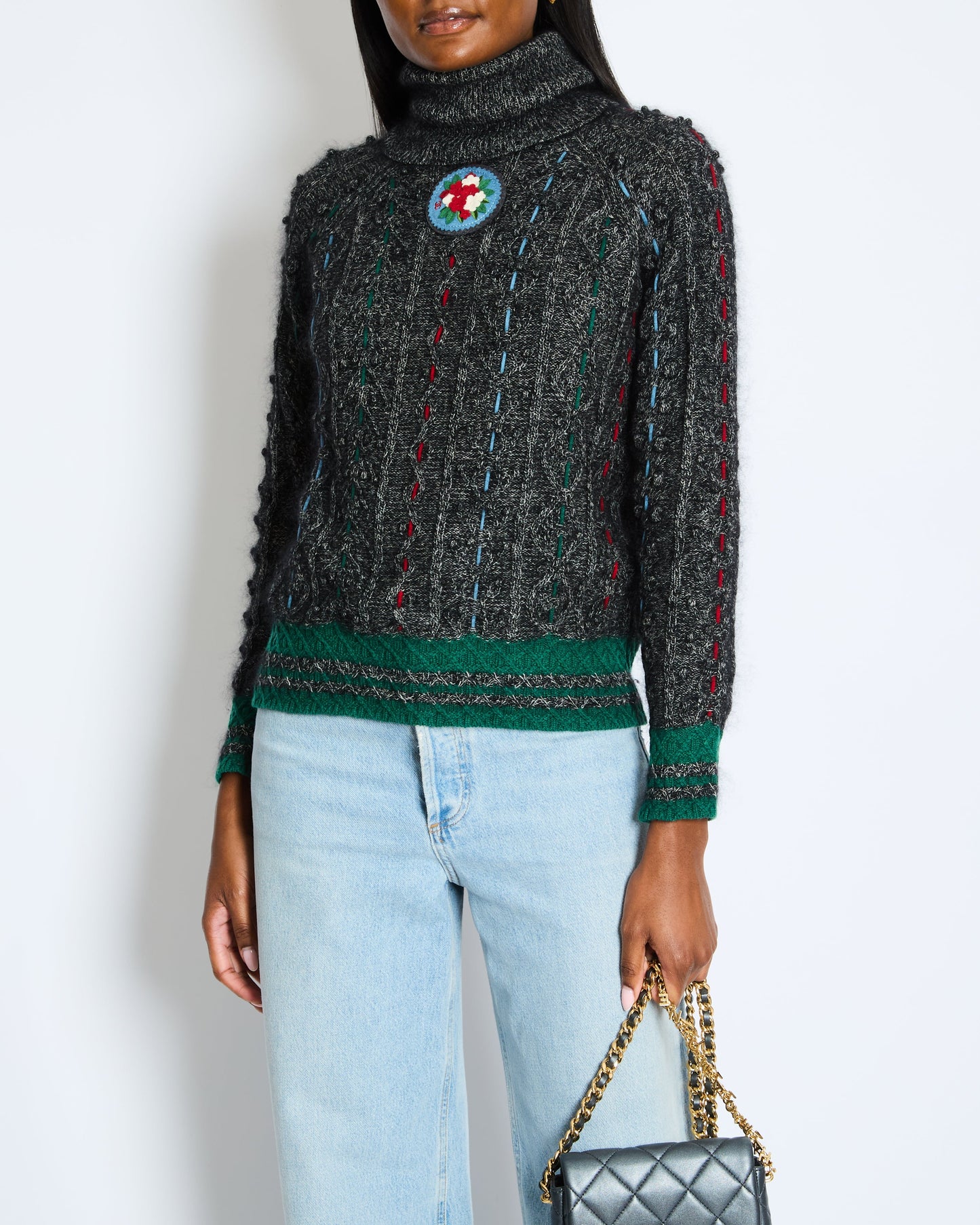 Chanel Grey Cable-Knit Cashmere Jumper With Embroidered Details And Floral Pin Size Fr 36 (Uk 8) Bag