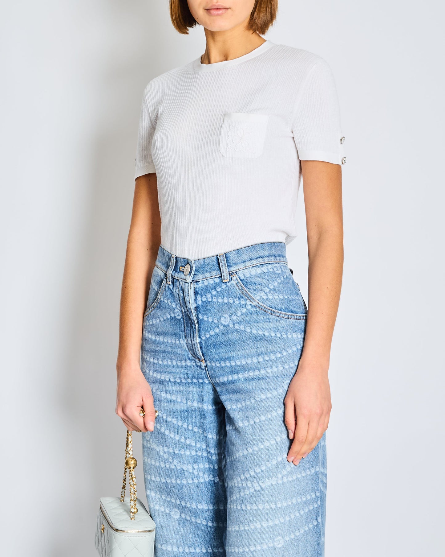 Chanel White Ribbed Knit Short Sleeve Top With Pocket Flower Embroidery Detail Size Fr 36 (Uk 8) Bag