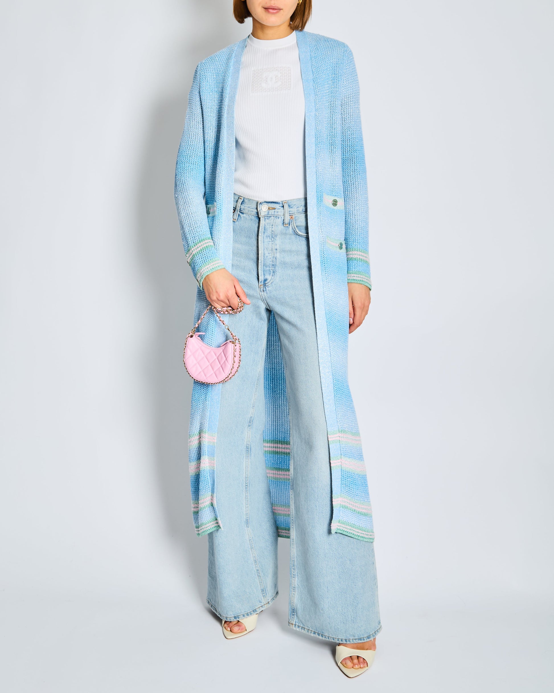 Chanel 23/S Blue Long-Line Striped Knitted Cardigan With Green And Pink Trim And Cc Button Detail Size Bag