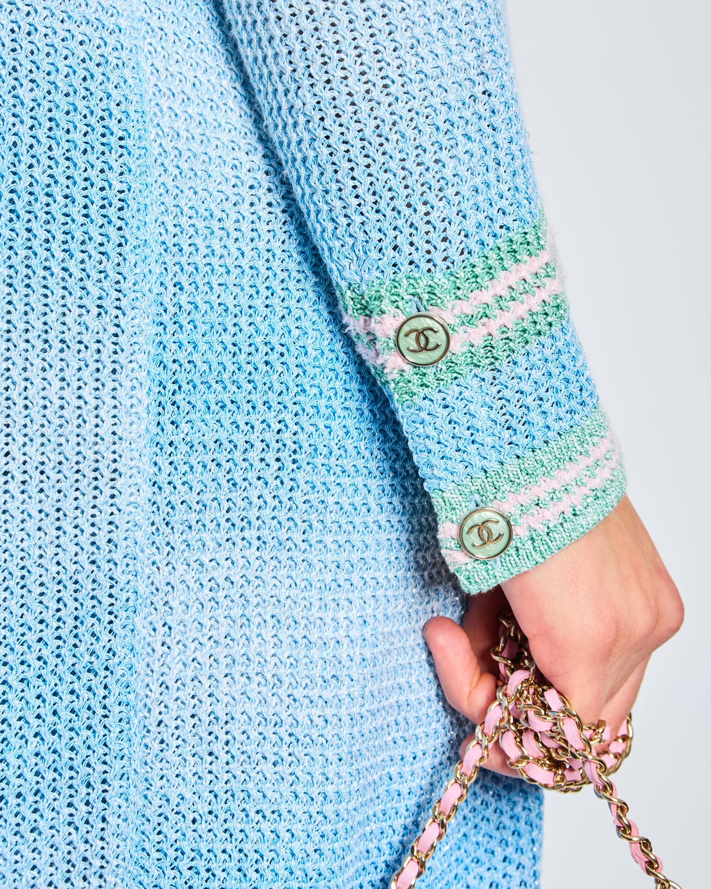 Chanel 23/S Blue Long-Line Striped Knitted Cardigan With Green And Pink Trim And Cc Button Detail Size Bag