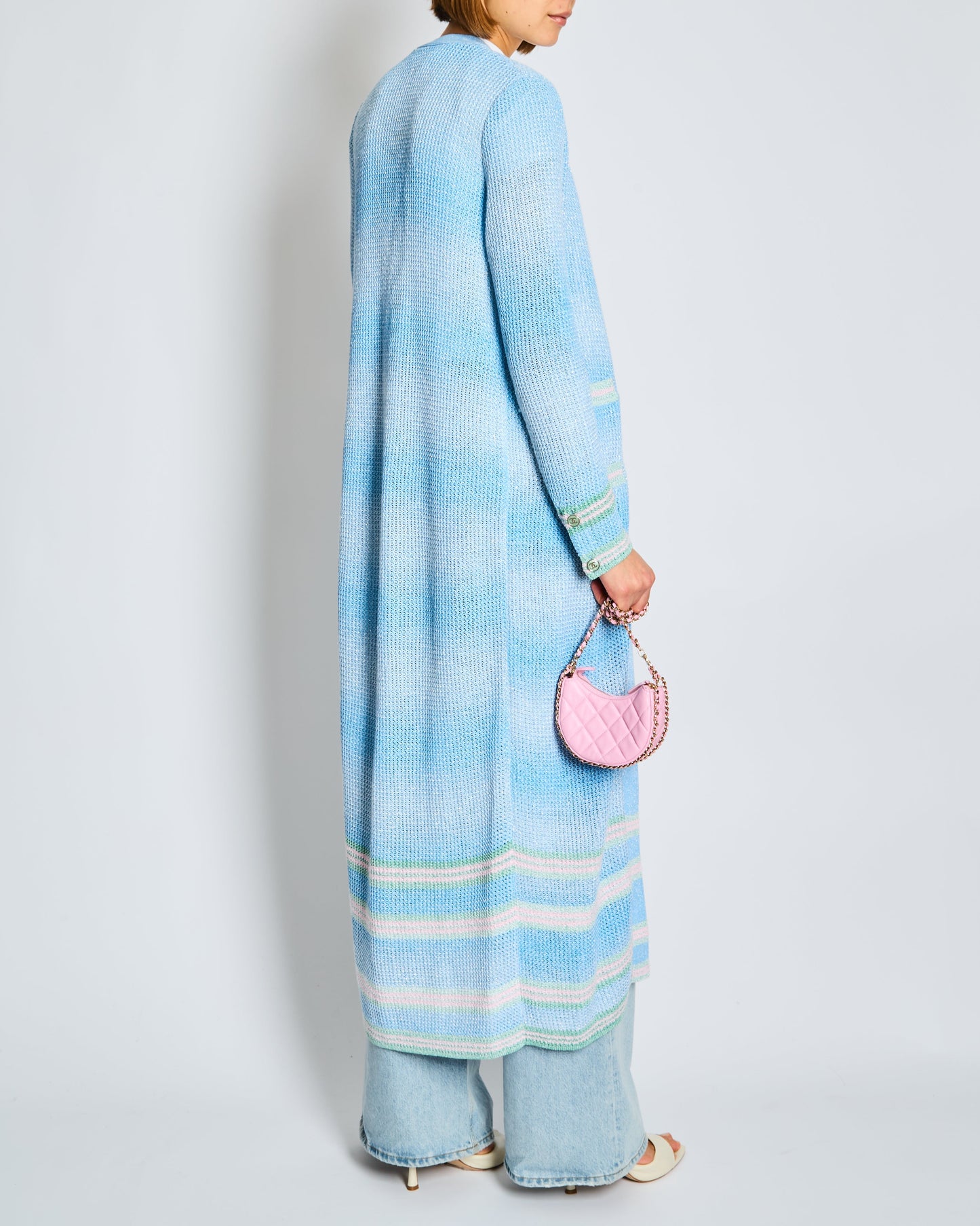 Chanel 23/S Blue Long-Line Striped Knitted Cardigan With Green And Pink Trim And Cc Button Detail Size Bag