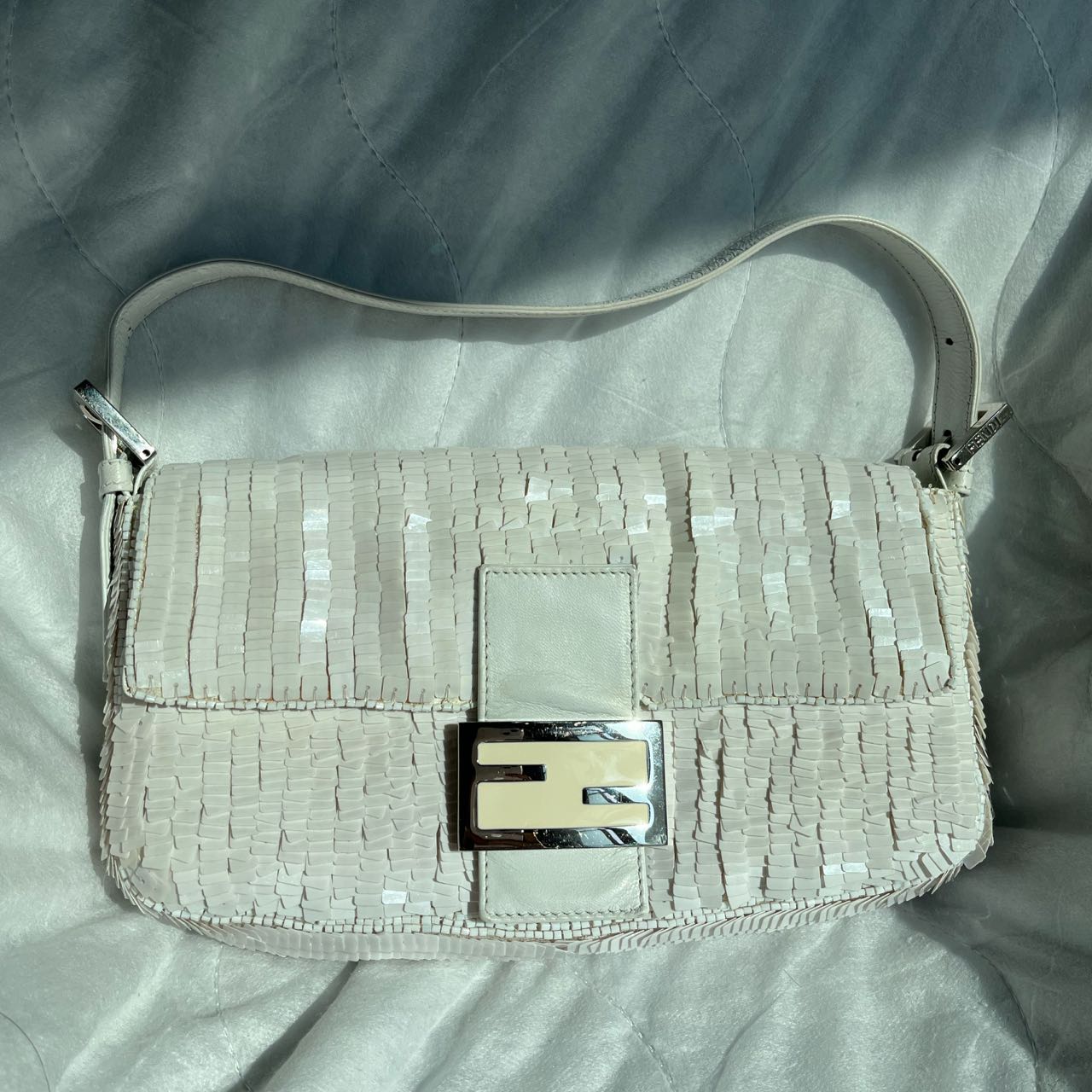 Fendi Baguette Snow Sequins Handbag White Shoulder Bag