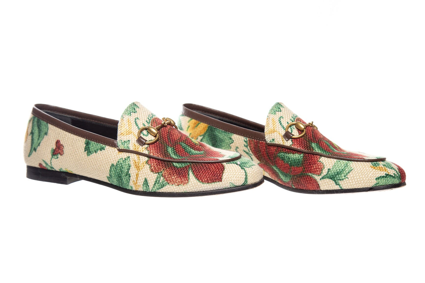 Gucci Cream Multi Floral Print Horsebit Loafers SZ 36