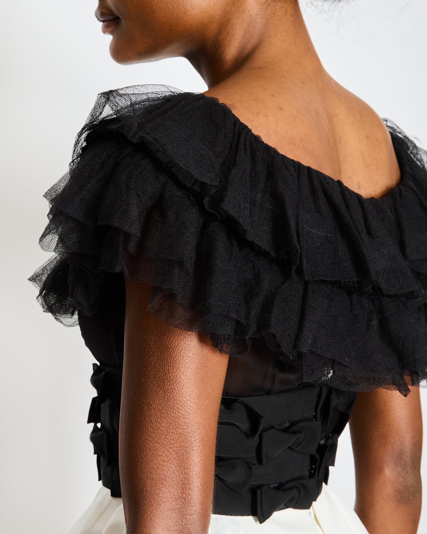 Chanel 20/S Black and White Ruffled Off-Shoulder Mini Dress with Bow Details Size FR 34 (UK 6)