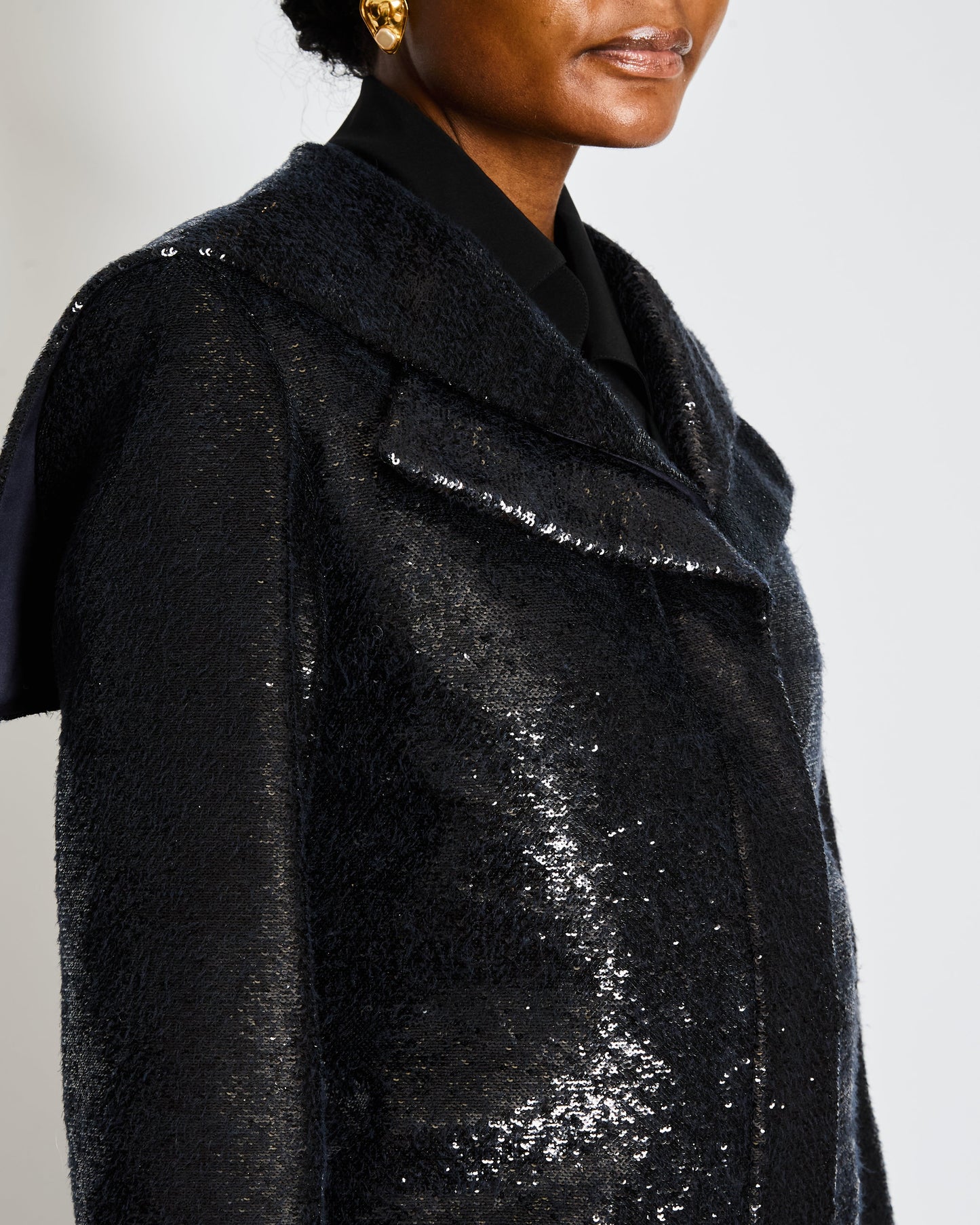 Chanel Metiers d'Art Black Sequin Maxi Pea Coat with Logo Detail Ruthenium Buttons Size FR 34 (UK 6)