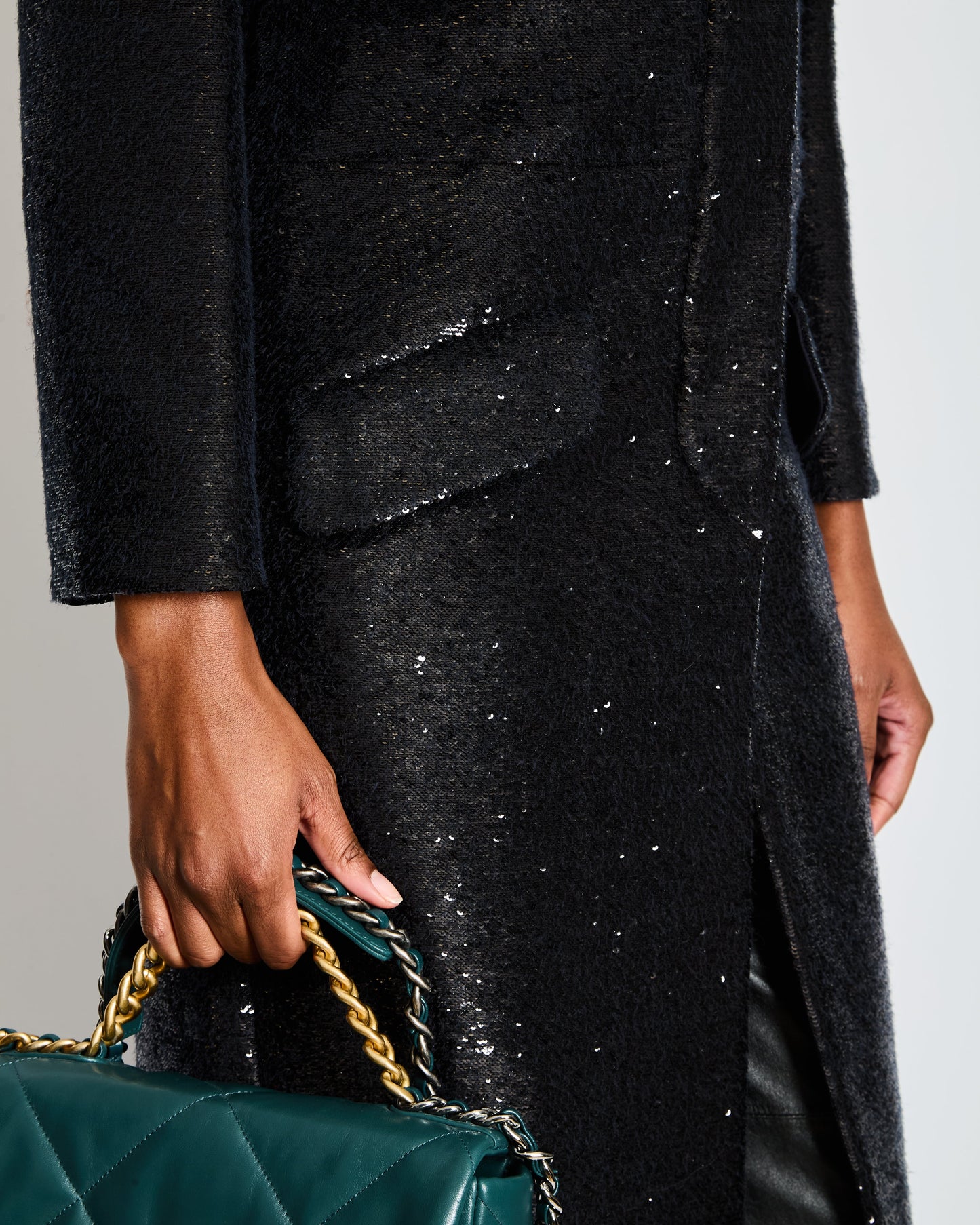 Chanel Metiers d'Art Black Sequin Maxi Pea Coat with Logo Detail Ruthenium Buttons Size FR 34 (UK 6)