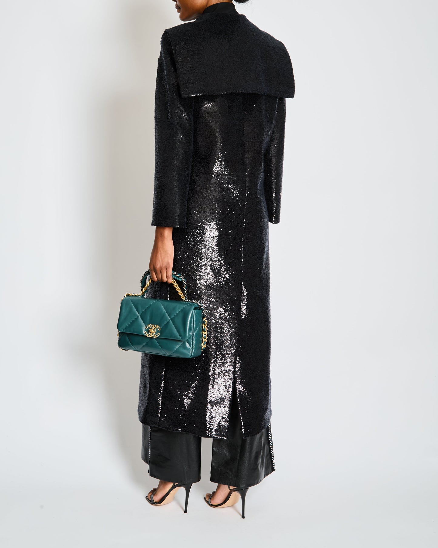 Chanel Metiers d'Art Black Sequin Maxi Pea Coat with Logo Detail Ruthenium Buttons Size FR 34 (UK 6)