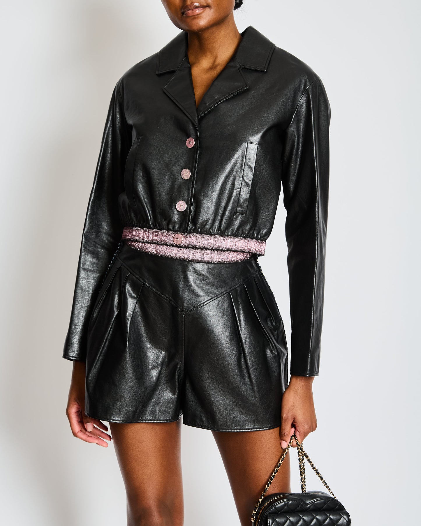 Chanel Black Leather Jacket with Pink CC Logo Buttons and Pink Logo Waistband Size FR 36 (UK 8)