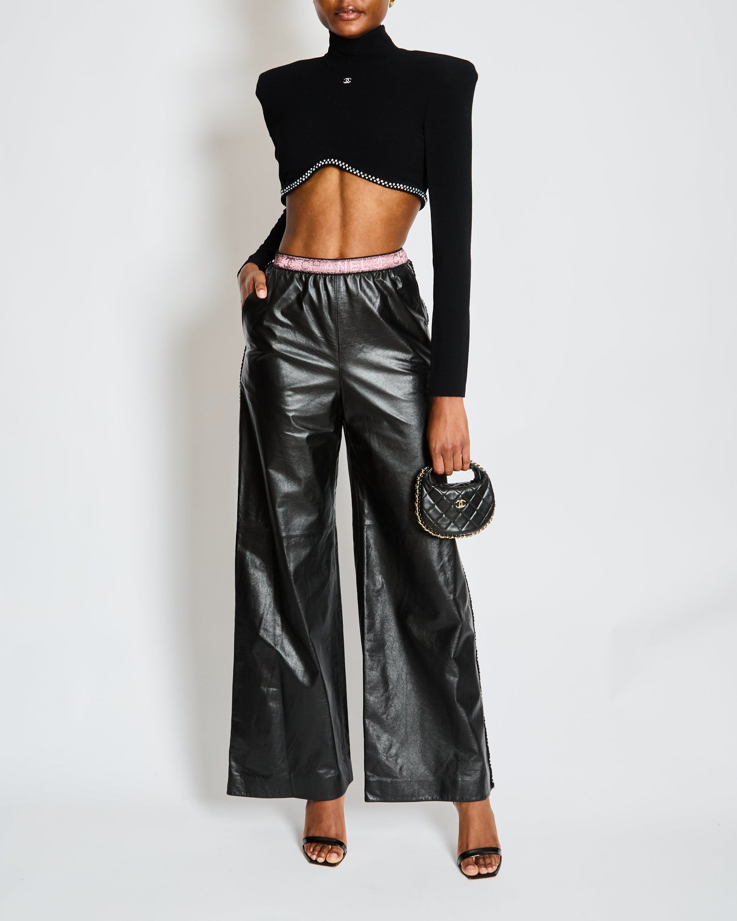 Chanel Black Leather Wide Leg Tro Rs With Embellished Tweed Trim And Pink Logo Waistband Size Fr 34 (Uk 6) Bag
