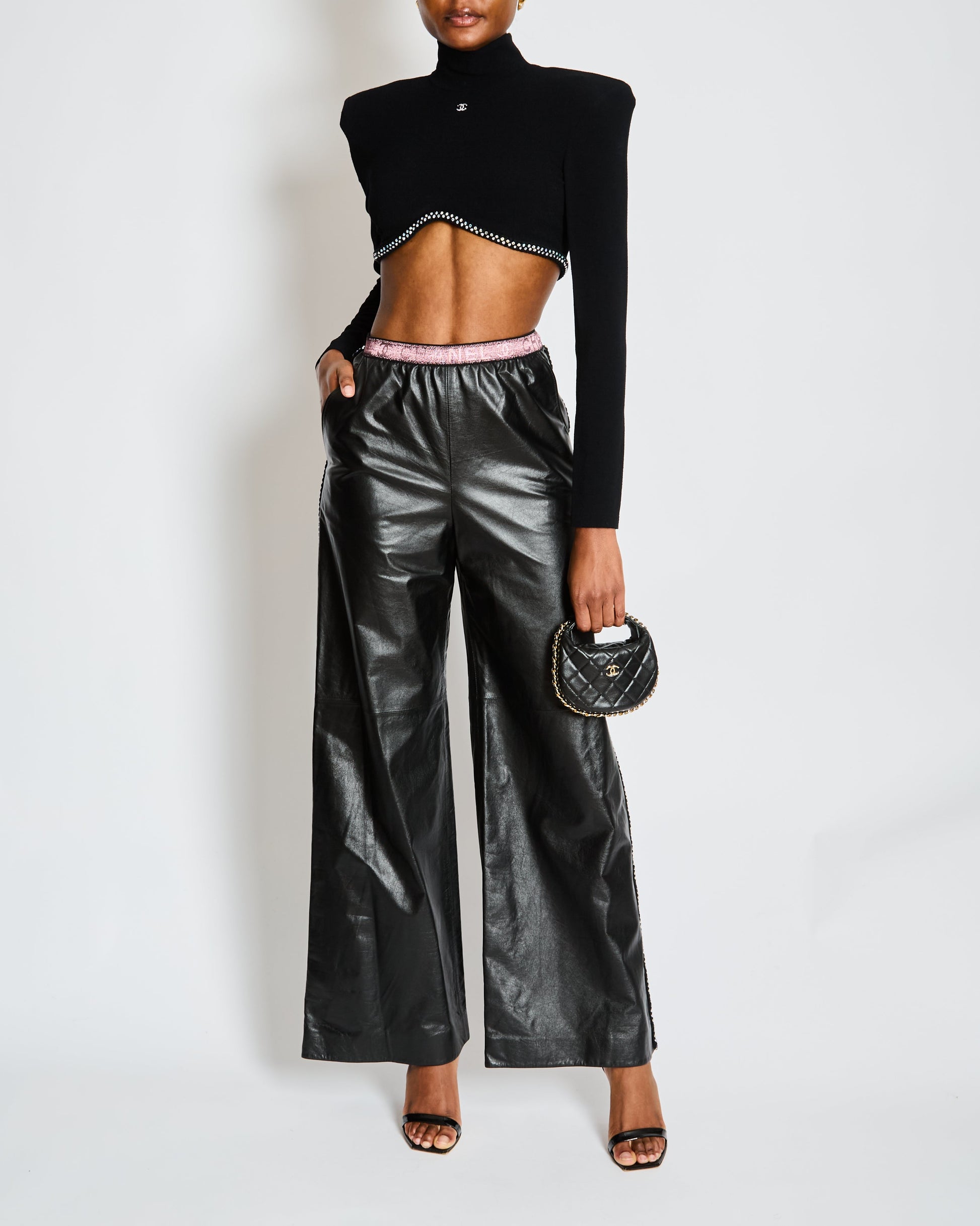 Chanel Black Leather Wide Leg Tro Rs With Embellished Tweed Trim And Pink Logo Waistband Size Fr 34 (Uk 6) Bag