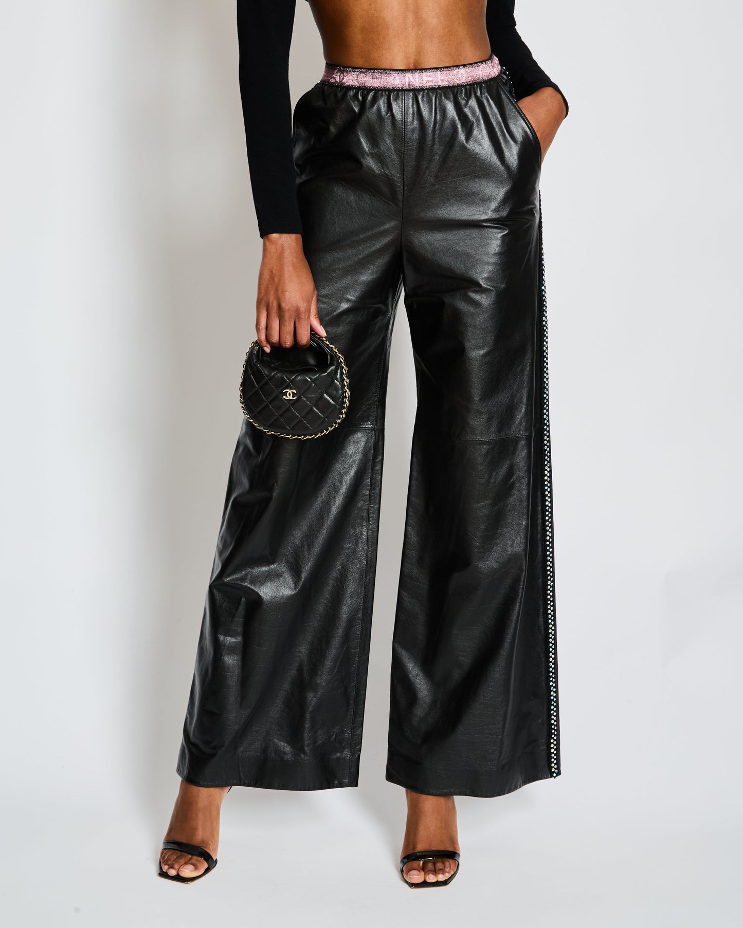 Chanel Black Leather Wide Leg Tro rs with Embellished Tweed Trim and Pink Logo Waistband Size FR 34 (UK 6)