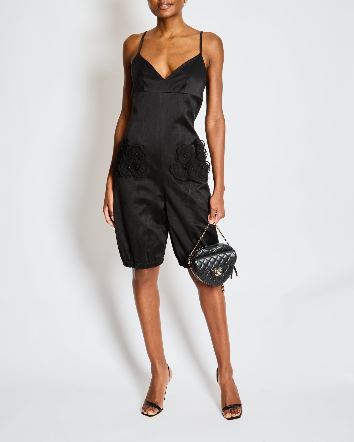 Chanel Black Strappy Playsuit With 3D Camelia Flower Pocket Detail Size Fr 36 (Uk 8) Bag