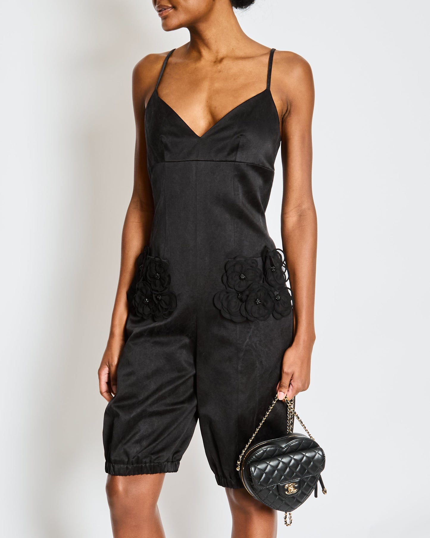Chanel Black Strappy Playsuit With 3D Camelia Flower Pocket Detail Size Fr 36 (Uk 8) Bag