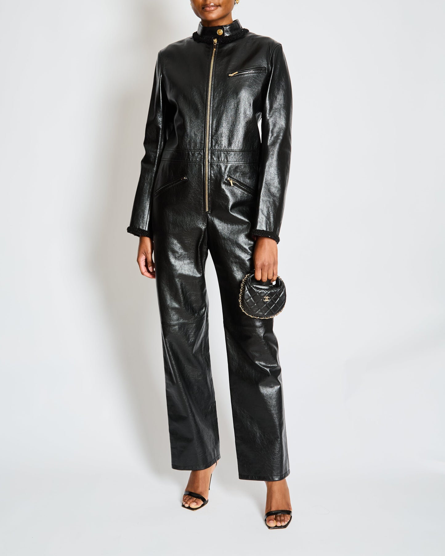 Chanel Pre-Fall Black Leather Jumpsuit With Gold Cc Button And Tweed And Chain Trim Detail Size Fr 38 (Uk 10) Bag