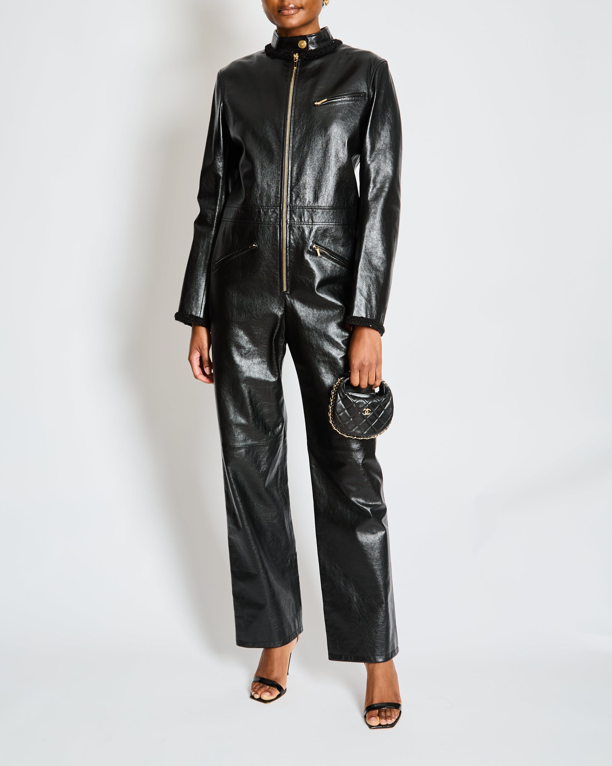 Chanel Pre-Fall Black Leather Jumpsuit With Gold Cc Button And Tweed And Chain Trim Detail Size Fr 38 (Uk 10) Bag