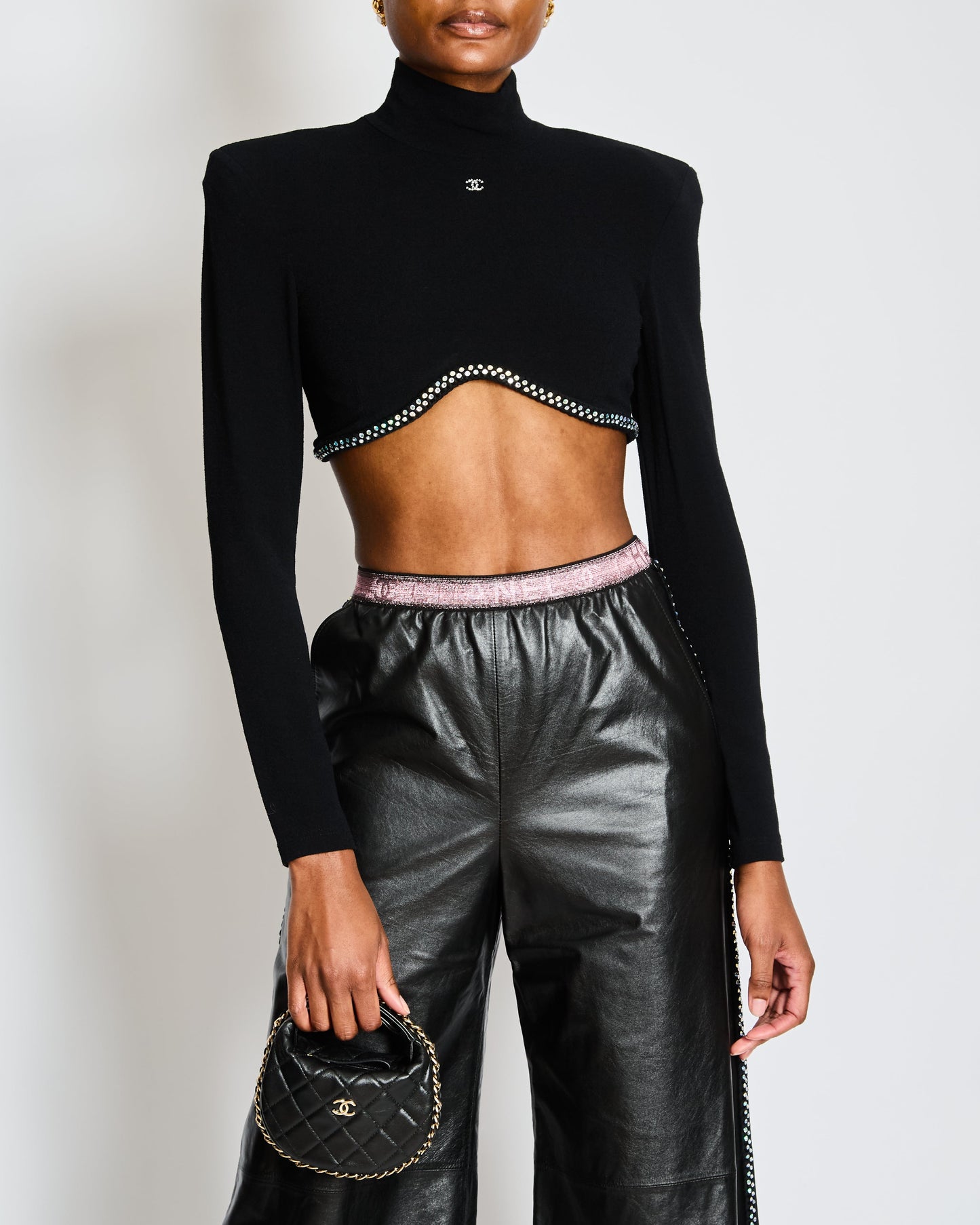 Chanel 24/C Black High Neck Cc Crop Top With Scalloped Diamante Hem Size Fr 38 (Uk 10) Bag