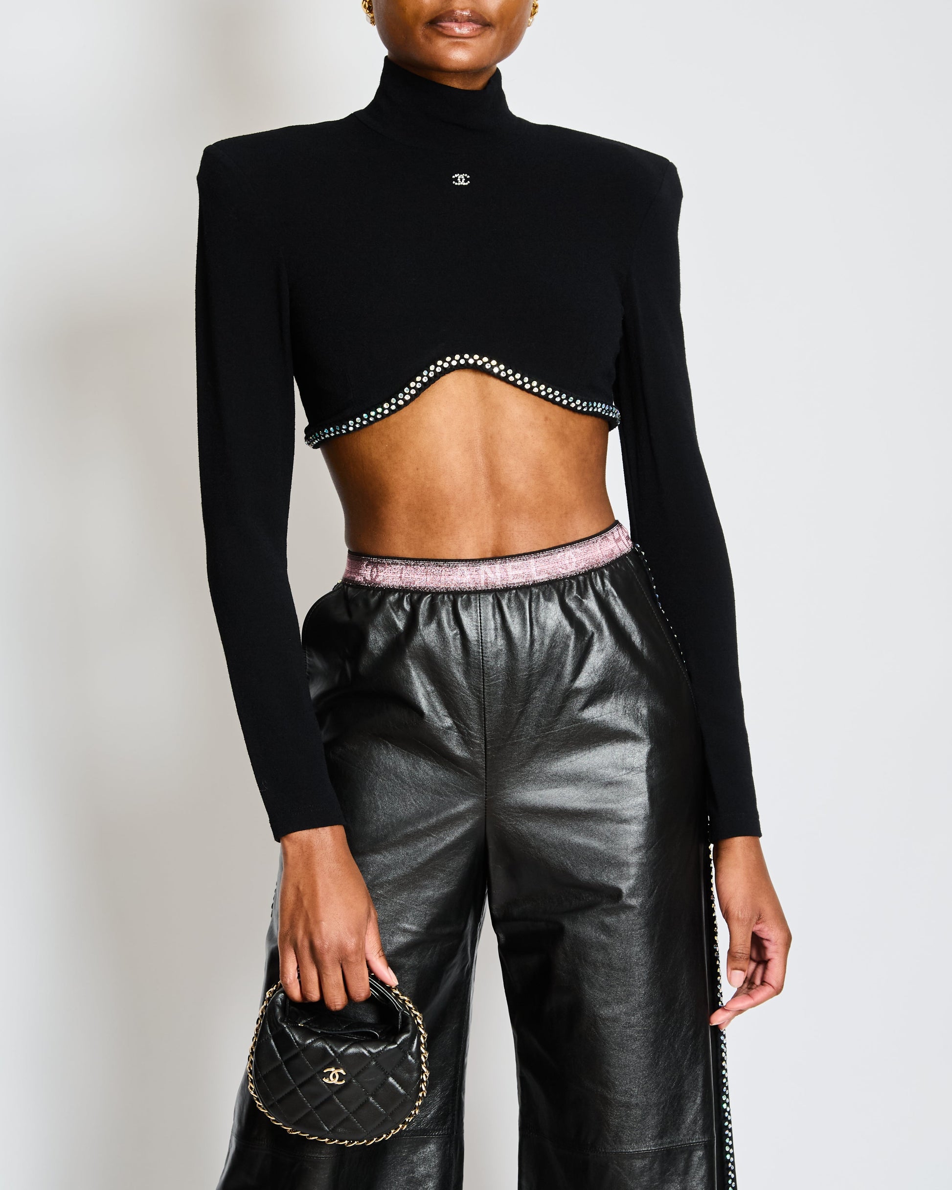 Chanel 24/C Black High Neck CC Crop Top with Scalloped Diamante Hem Size FR 38 (UK 10)