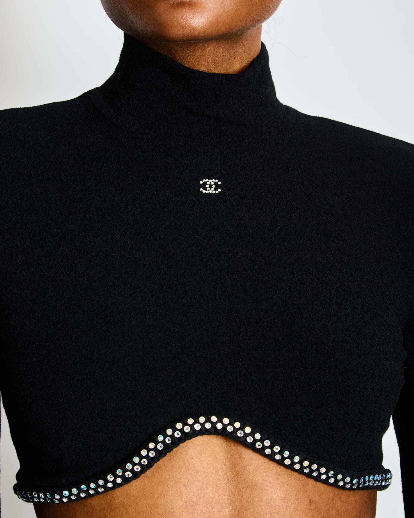 Chanel 24/C Black High Neck Cc Crop Top With Scalloped Diamante Hem Size Fr 38 (Uk 10) Bag