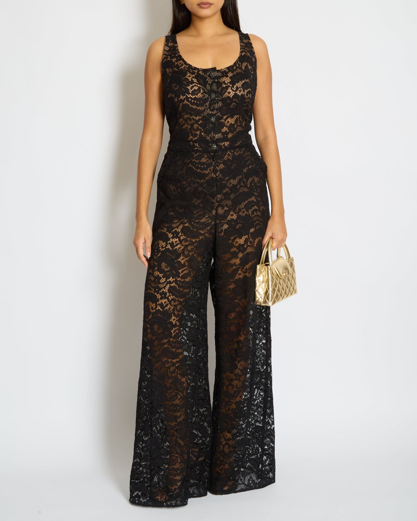Chanel Black Floral Print Lace Jumpsuit Size Fr 42 (Uk 14) Bag