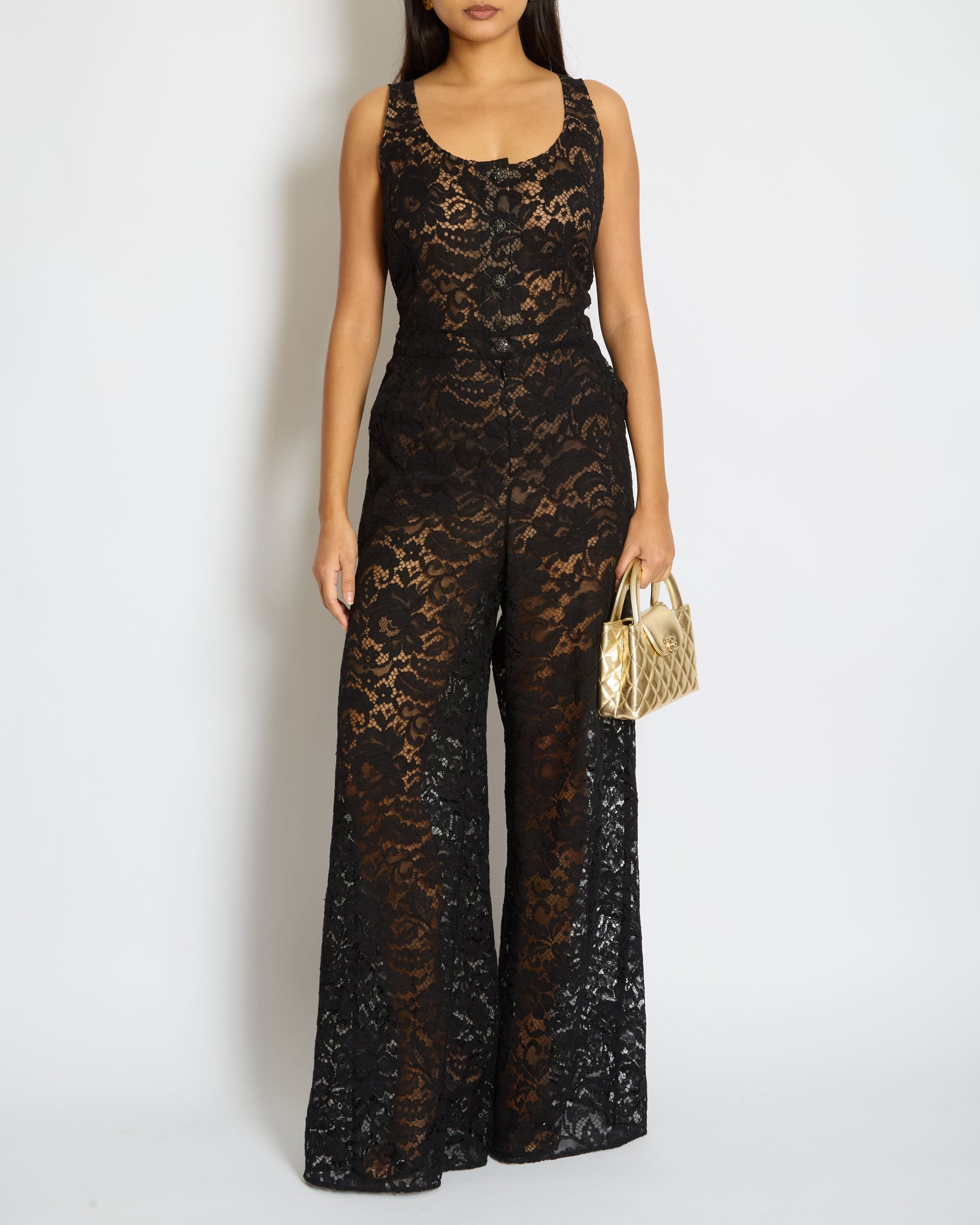 Chanel Black Floral Print Lace Jumpsuit Size Fr 42 (Uk 14) Bag