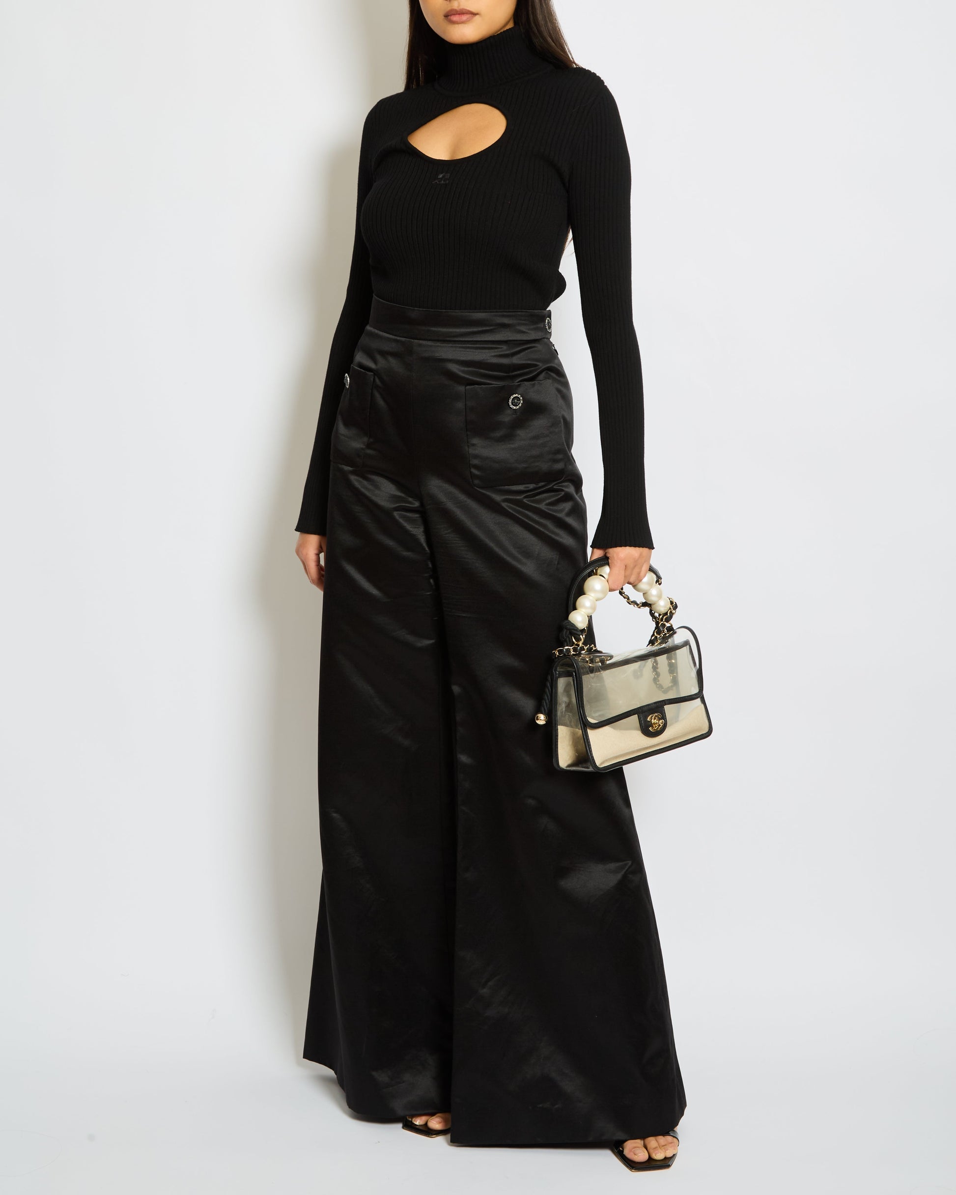Chanel Black Silk Wide Leg Tro Rs With Embellished Buttons And Pocket Detail Size Fr 44 (Uk 14) Bag