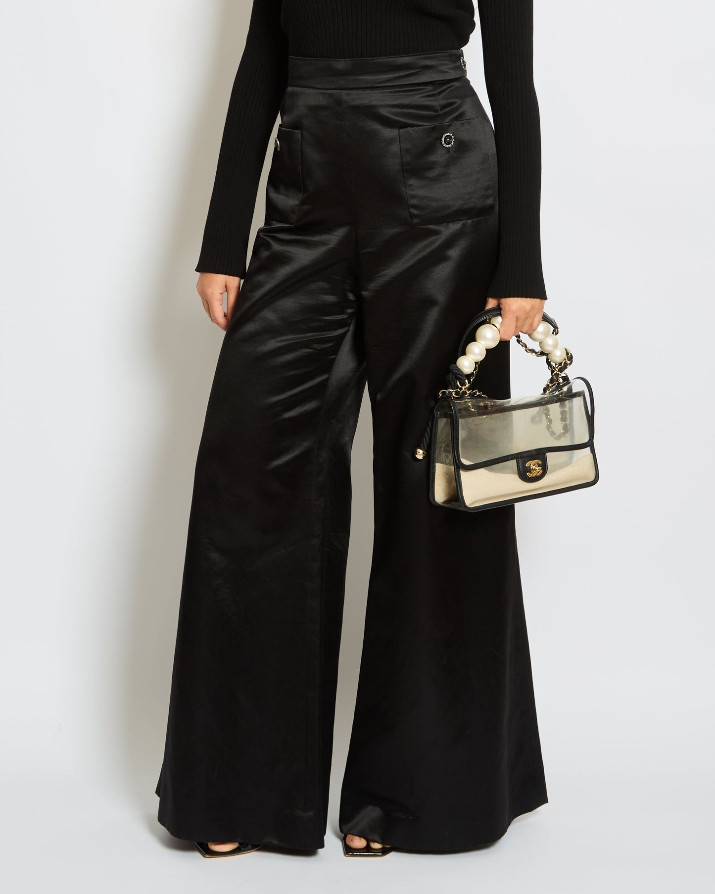 Chanel Black Silk Wide Leg Tro rs with Embellished Buttons and Pocket Detail Size FR 44 (UK 14)