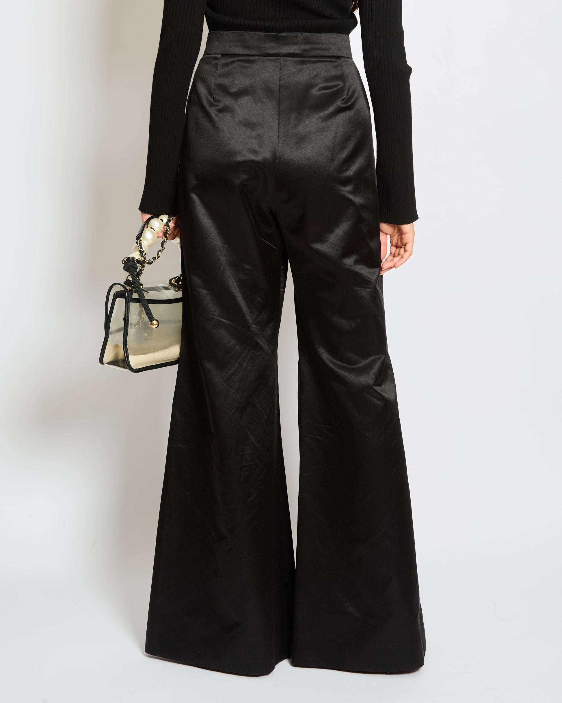 Chanel Black Silk Wide Leg Tro rs with Embellished Buttons and Pocket Detail Size FR 44 (UK 14)
