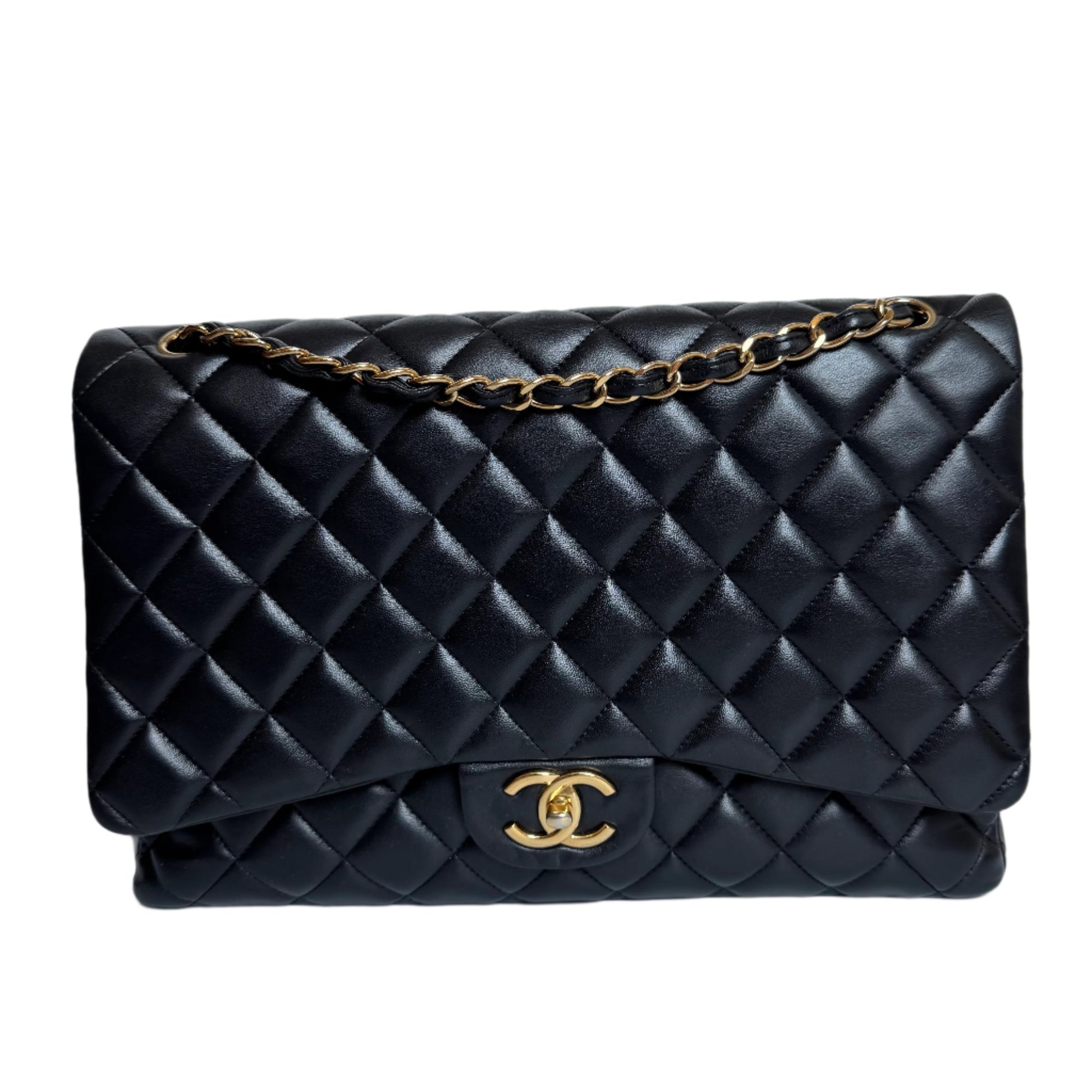 Chanel Classic Flap Maxi Lambskin Double Flap Black Gold Leather Handbag Tone Hardware