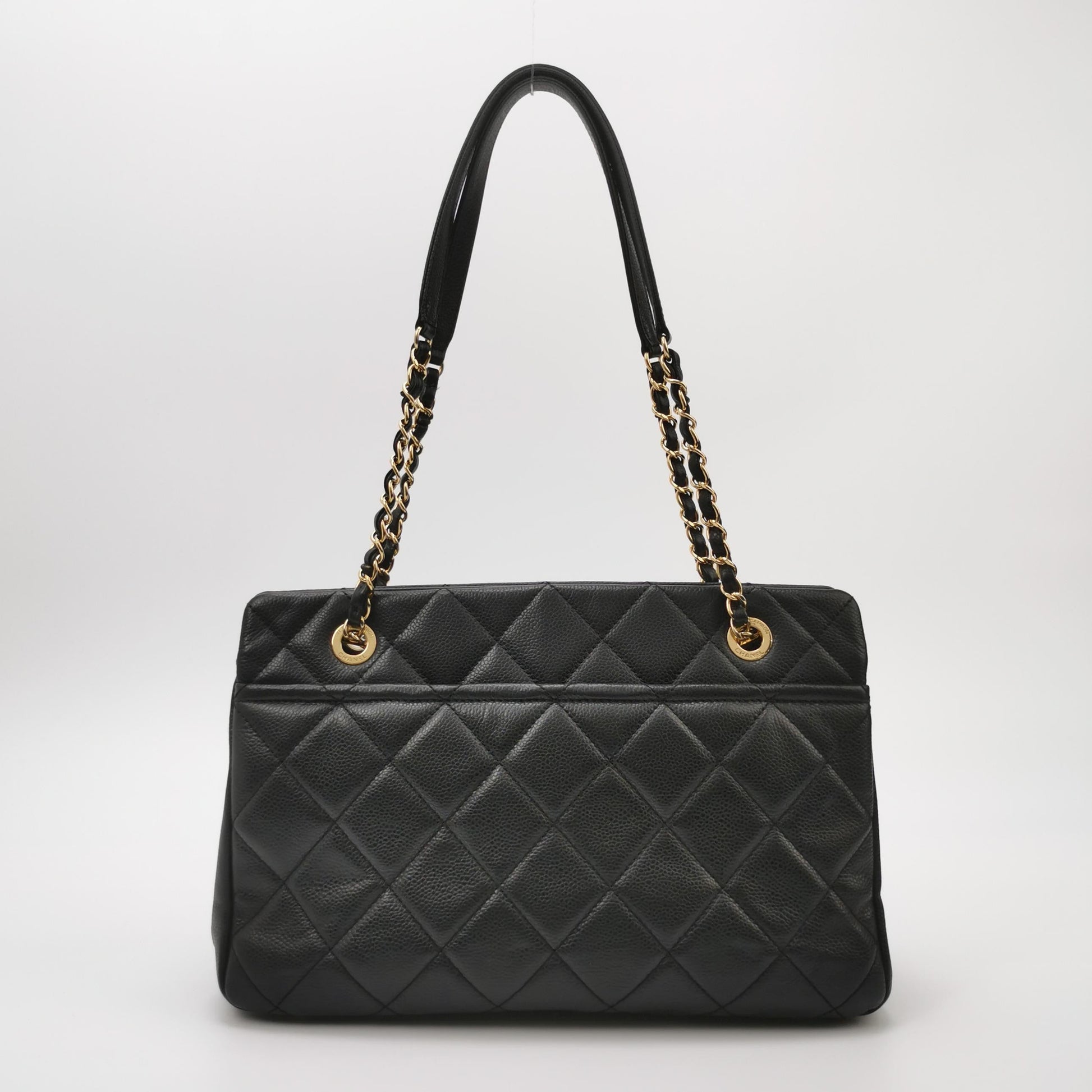Chanel PST Petite Shopping Caviar CC Logo Black Gold Small Leather Tote Bag
