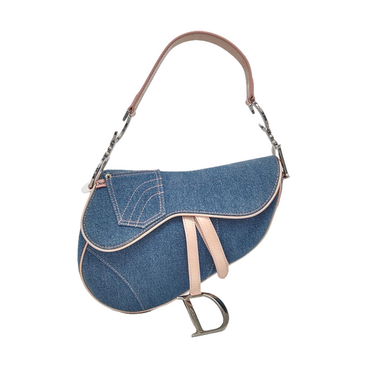Dior Saddle With Pocket And Pink Trim Shoulder Leather Denim Shoulder Bag