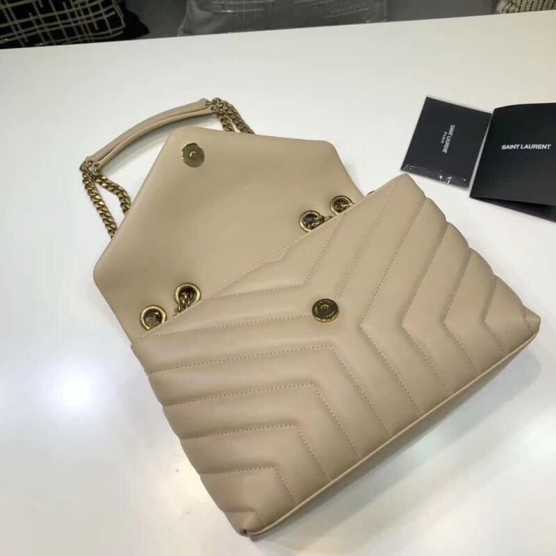 YSL Saint Laurent Loulou Lou Shoulder Bag Quilted Chain Beige For Women