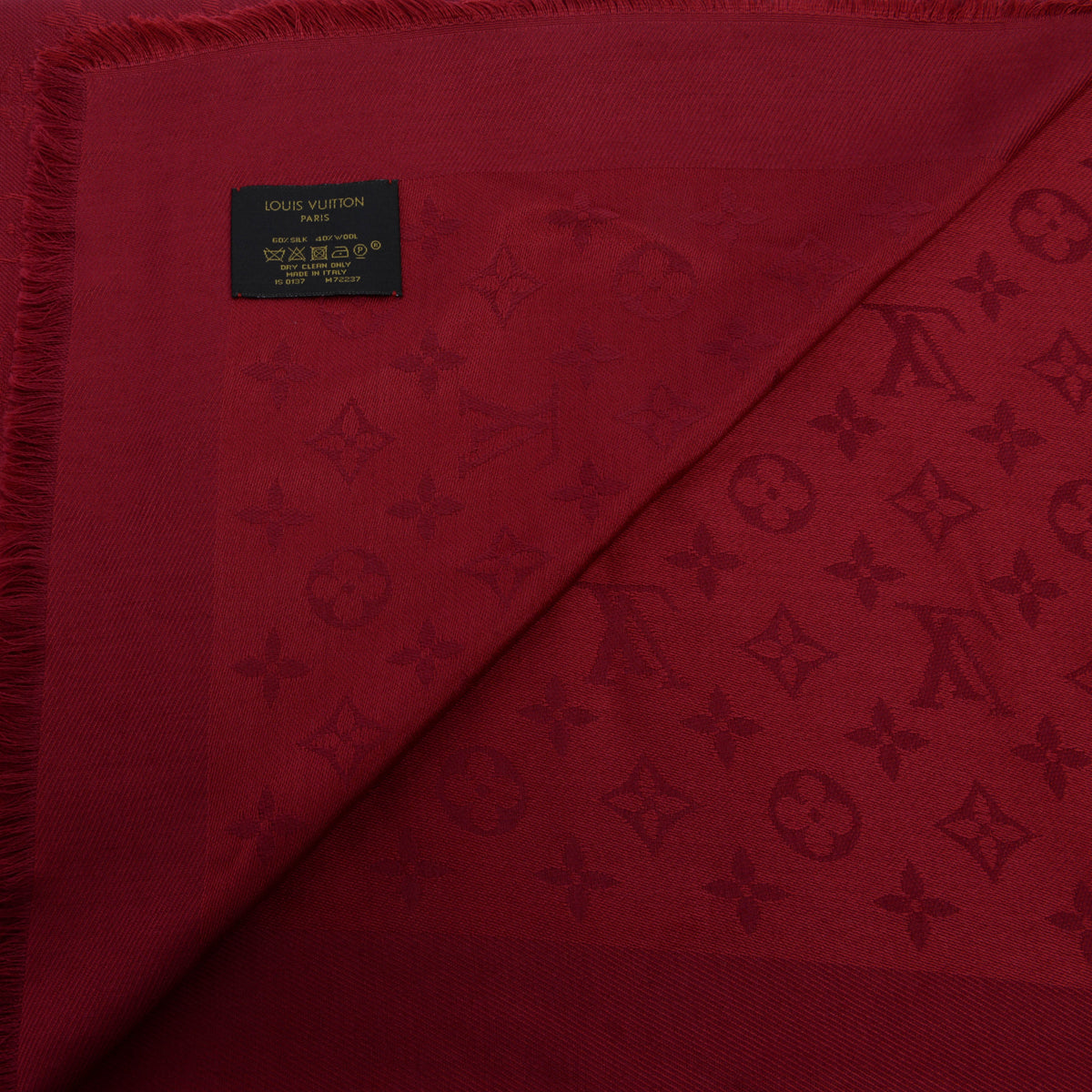 Louis Vuitton Red Silk & Wool Monogram Classic Fringed Shawl