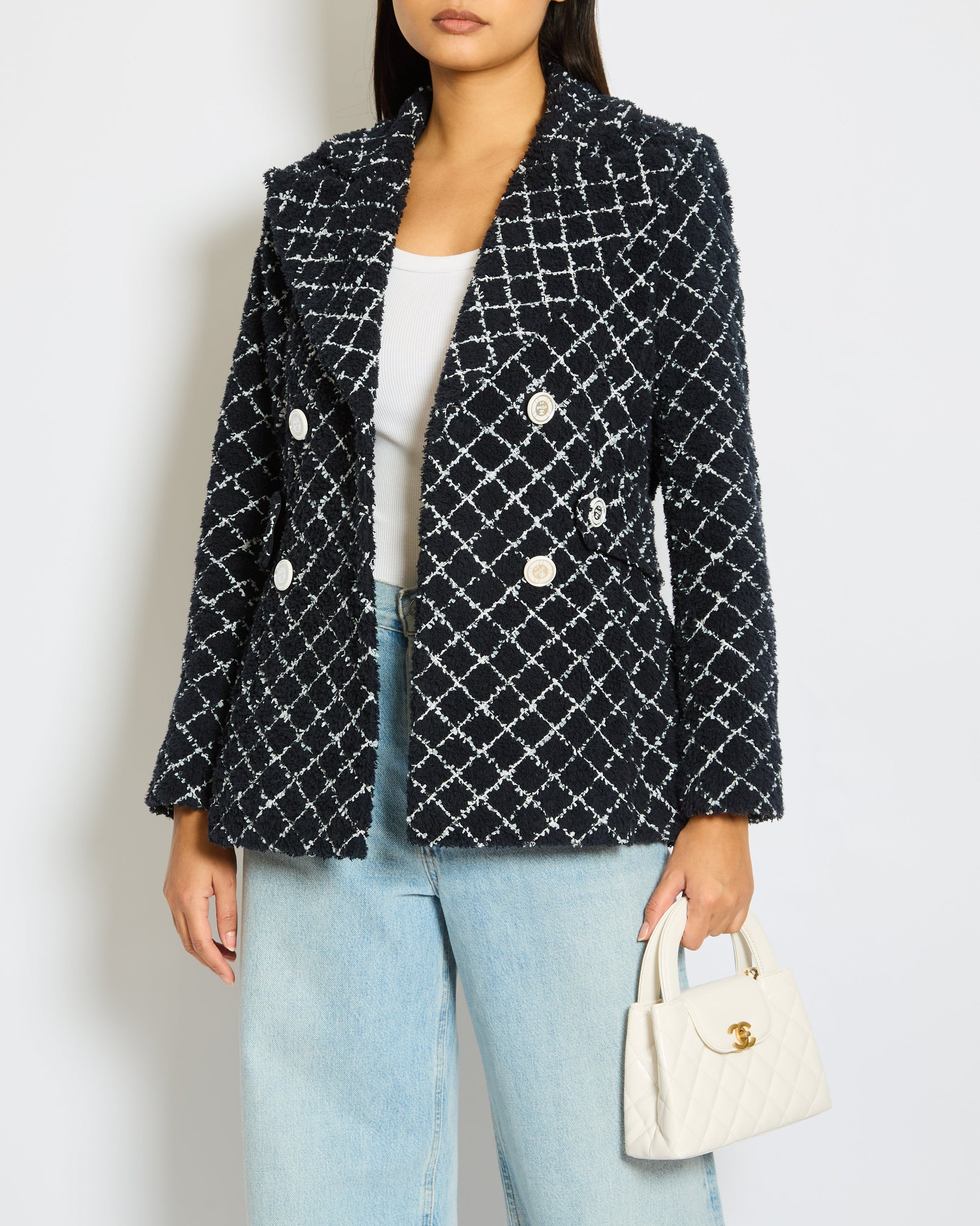 Chanel 19/C Cruise Collection Tweed Jacket in Navy and White with  ed Buttons Size FR 34 (UK 6)
