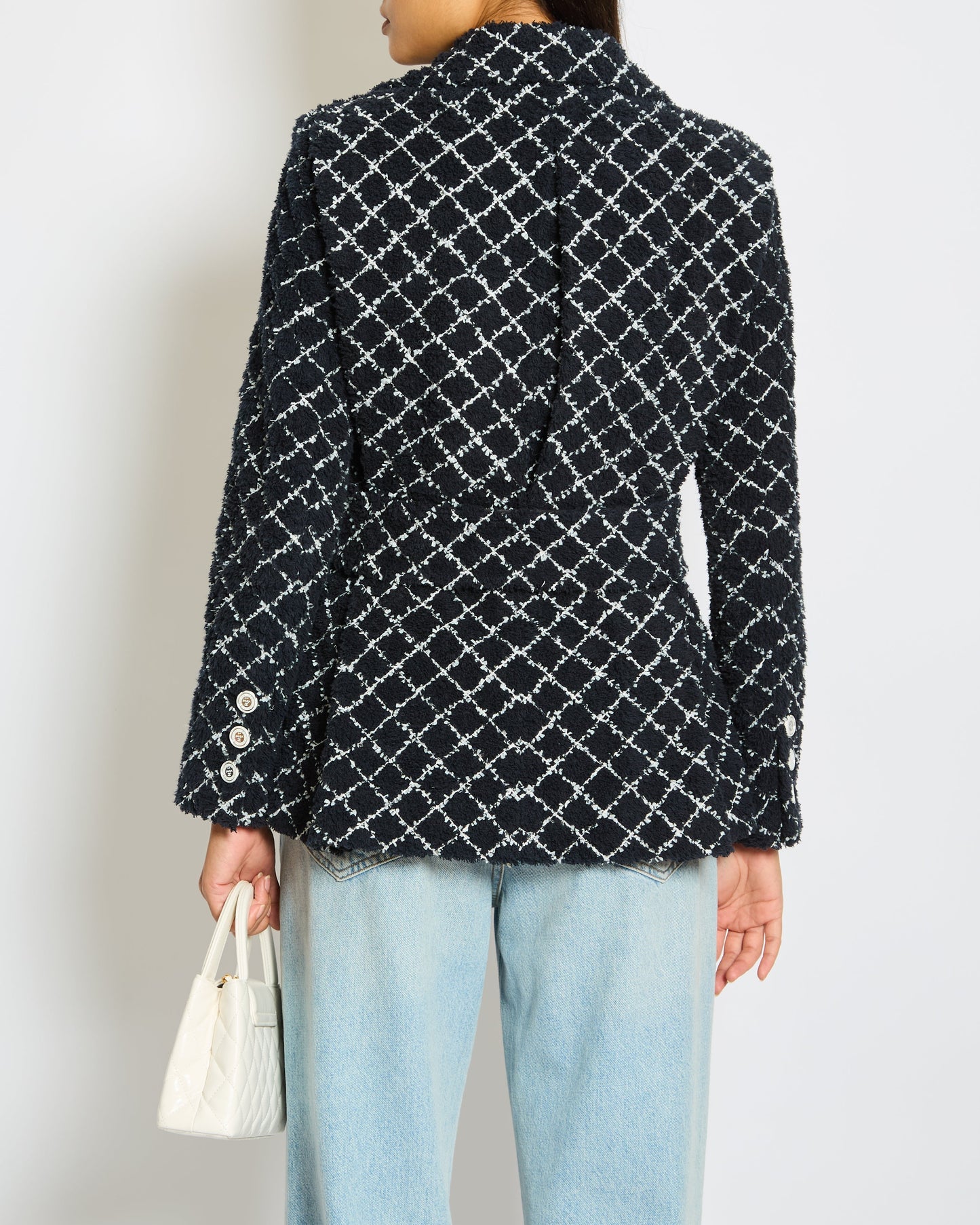 Chanel 19/C Cruise Collection Tweed Jacket in Navy and White with  ed Buttons Size FR 34 (UK 6)