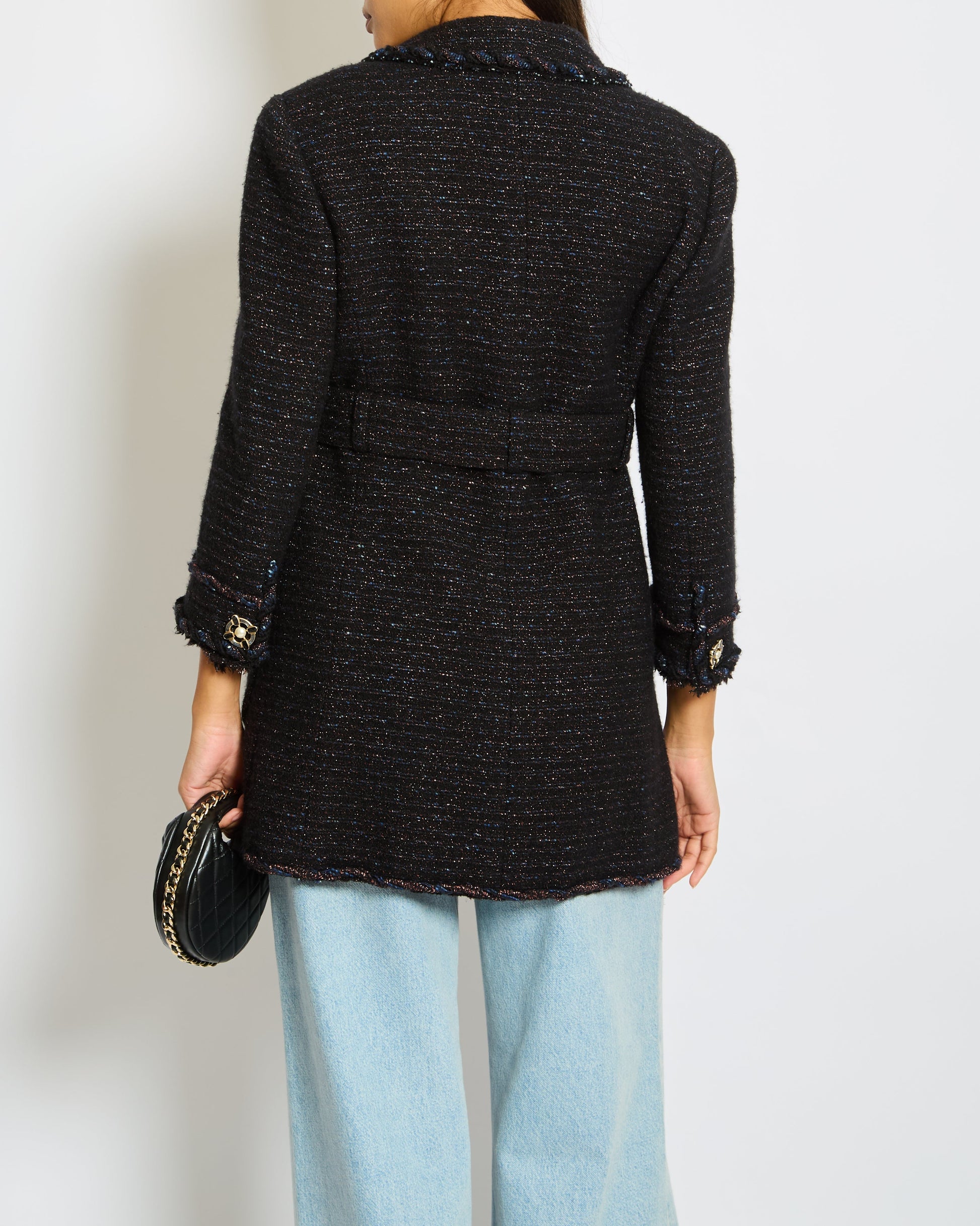 Chanel 07/A Navy Tweed Belted Jacket with Pocket Detail Size FR 38 (UK 10)