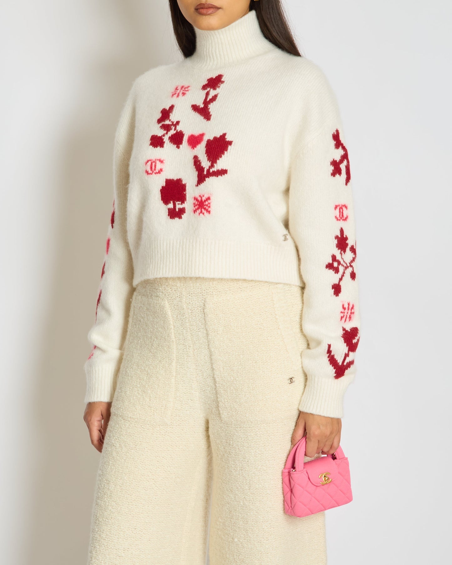 Chanel 24N Cream And Red Coco Neige Floral Cashmere Knitted Jumper Size Fr 38 (Uk 10) Bag