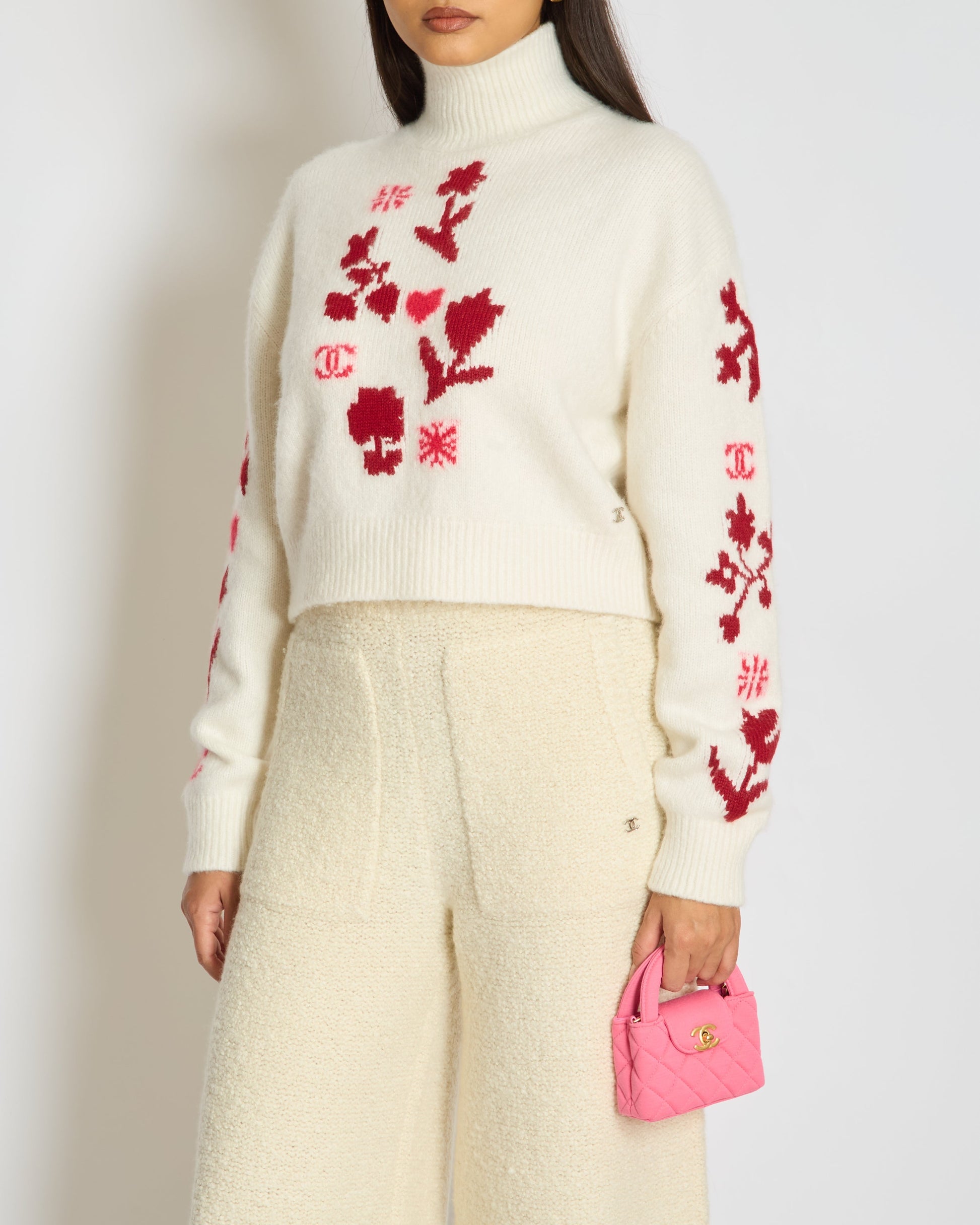 Chanel 24N Cream And Red Coco Neige Floral Cashmere Knitted Jumper Size Fr 38 (Uk 10) Bag