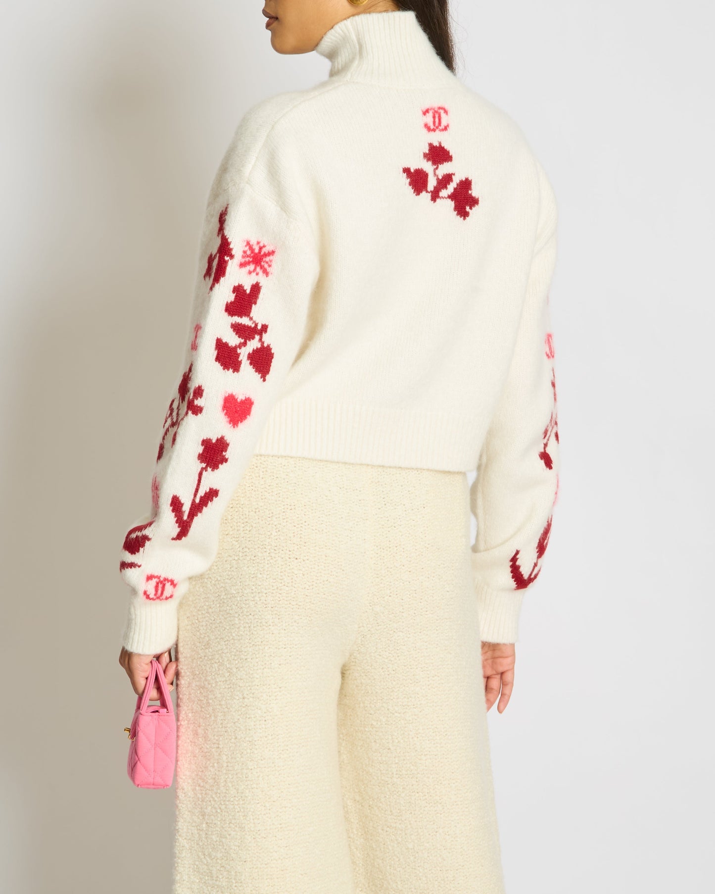 Chanel 24N Cream And Red Coco Neige Floral Cashmere Knitted Jumper Size Fr 38 (Uk 10) Bag