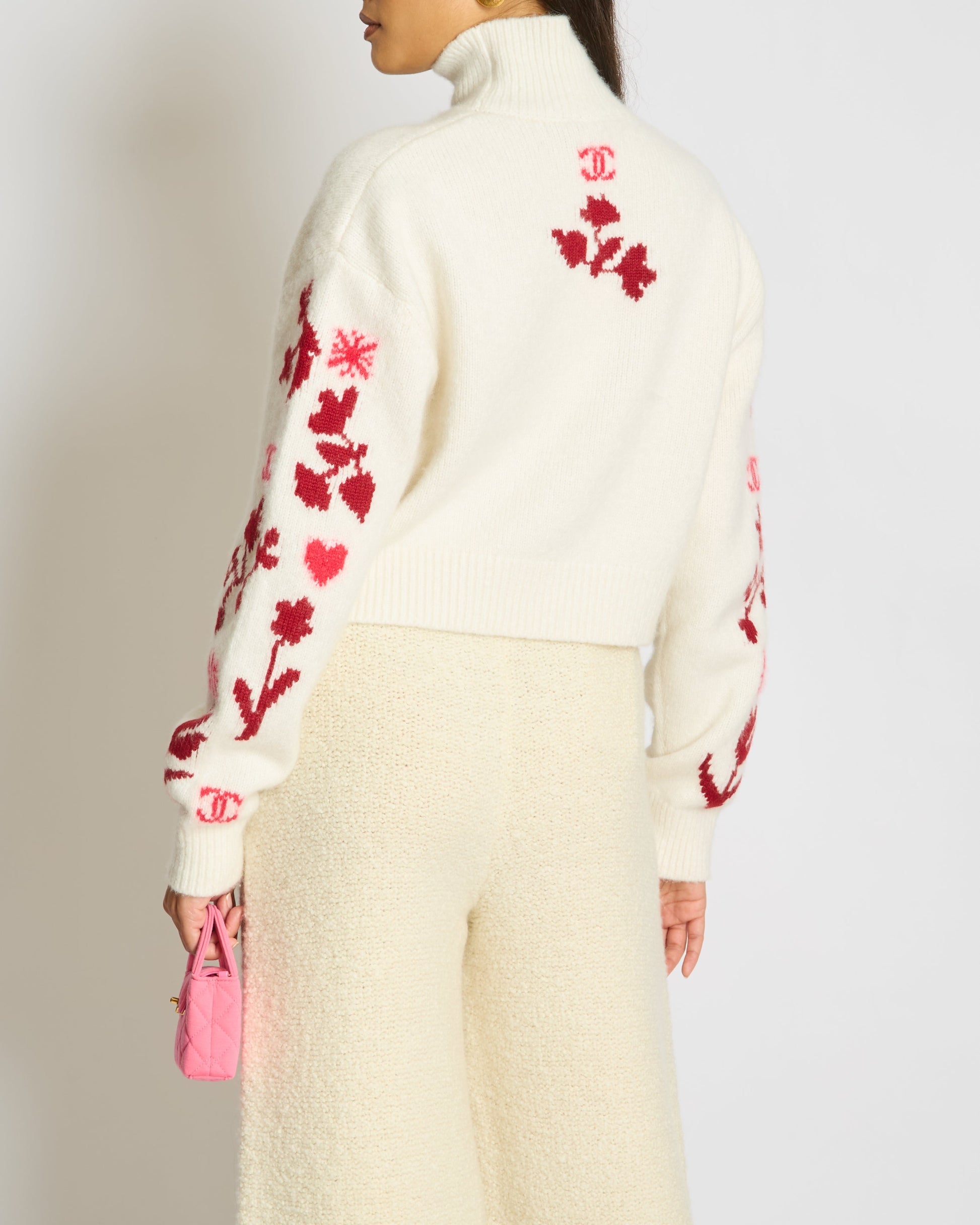 Chanel 24N Cream And Red Coco Neige Floral Cashmere Knitted Jumper Size Fr 38 (Uk 10) Bag