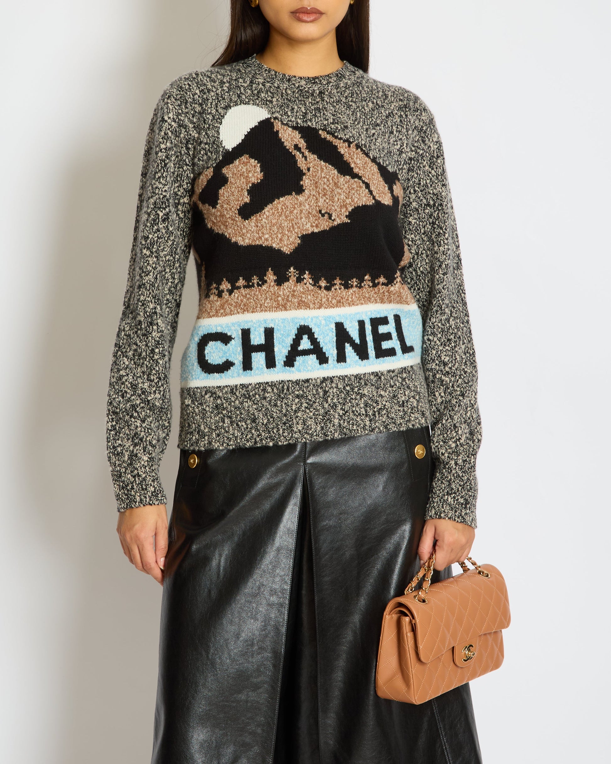 Chanel 24N Grey, Brown And Blue Mountain Cashmere And Wool Jumper With Logo Detail Size Fr 36 (Uk 8) Bag