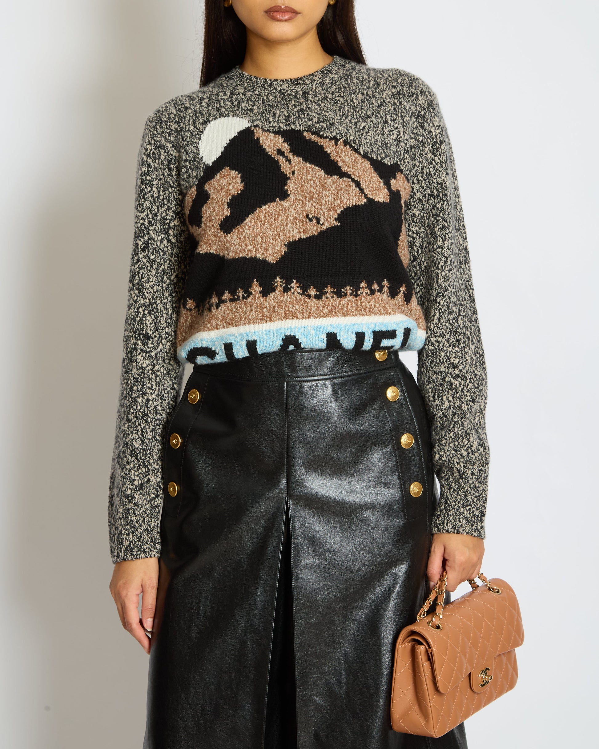 Chanel 24N Grey, Brown And Blue Mountain Cashmere And Wool Jumper With Logo Detail Size Fr 36 (Uk 8) Bag