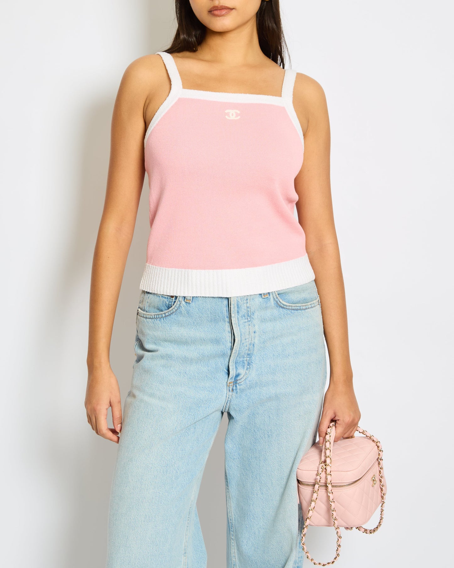 Chanel Cruise Pink And White Tank Top With Cc Logo And White Towelling Detailing Size Fr 36 (Uk8) Bag
