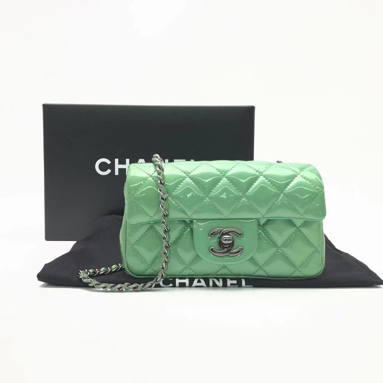 Chanel Classic Flap Super Patent Green Silver Leather Mini Bag