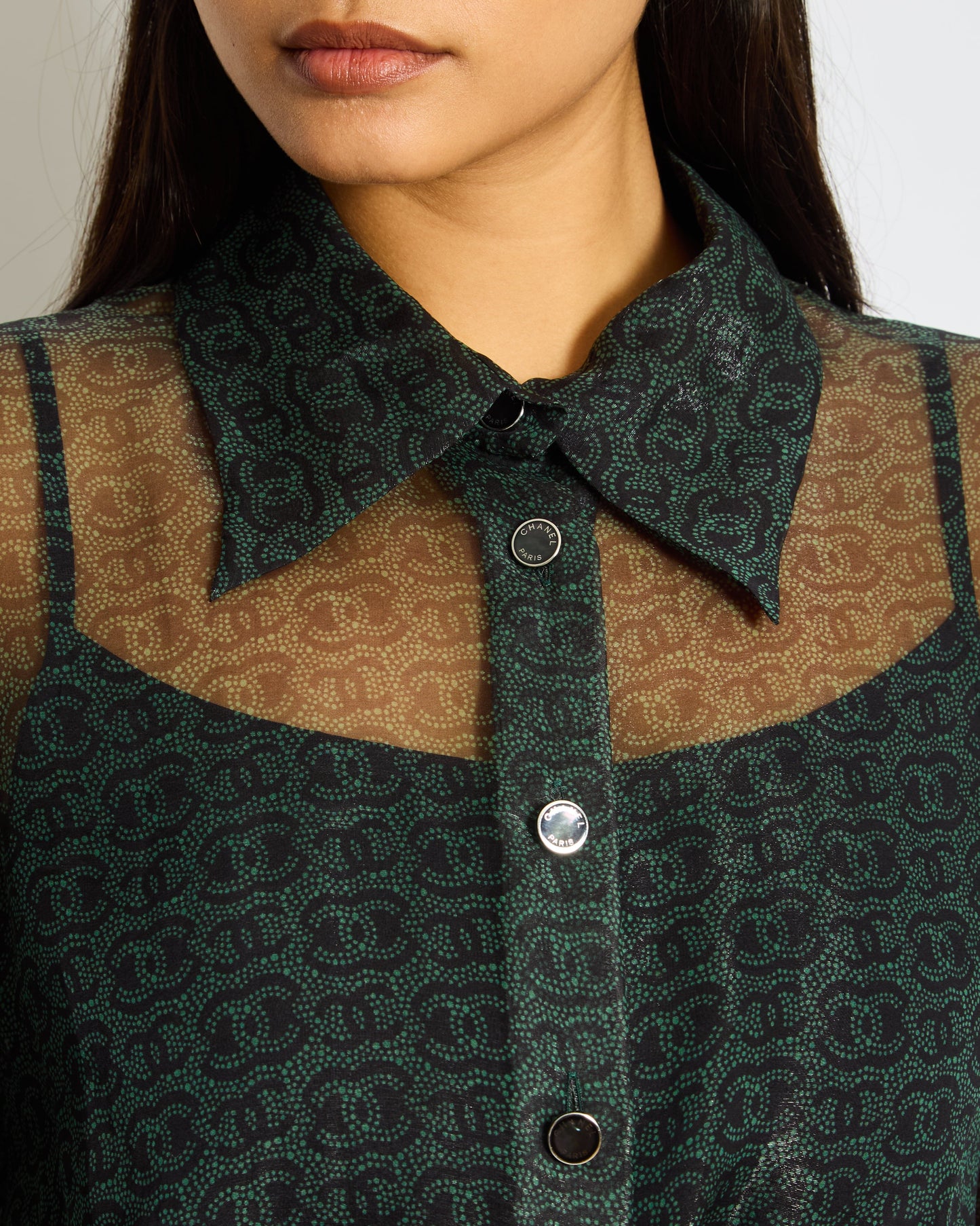 Chanel Khaki Sheer CC Logo Long Sleeve Blo  Size FR 44 (UK 16)