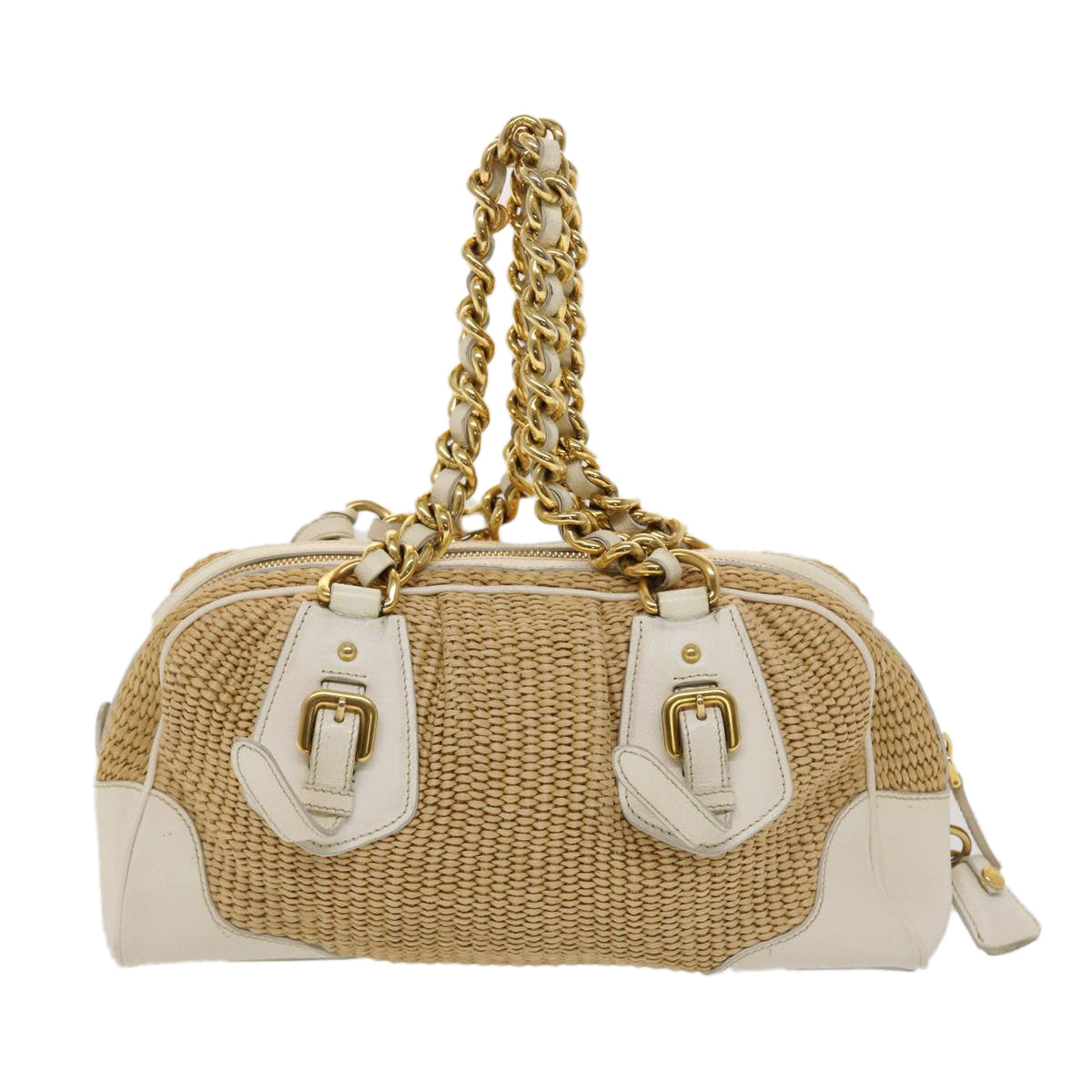 Prada Hand Bag Straw Auth Leather White Chain Travel Bag