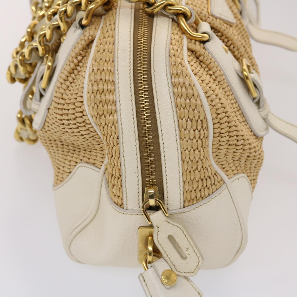 Prada Hand Bag Straw Auth Leather White Chain Travel Bag