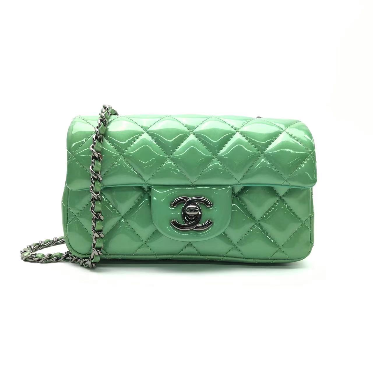Chanel Classic Flap Super Patent Green Silver Leather Mini Bag